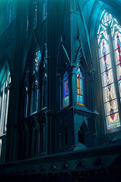 (Gothic building: 1.3), (Imposing: 1.5), (Blue sky in background: 1.2), (Daytime: 1), (Stained glass windows: 1.4), (Detailed architecture: 1.4), (Point of view from the ground: 1), (High contrast: 1.3), (Saturated colors: 1.2), (Realistic shadows: 1.3), (Sharp angles and lines: 1.4), (Distressed texture: 1.2), (Dramatic mood: 1.5), (Masterpiece: 1), (High resolution: 1.2), (