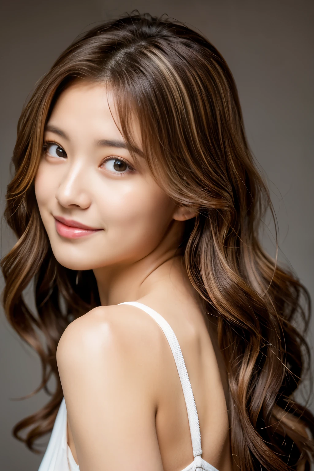 loose wavy hair、brown hair with highlights、best image quality、simple white studio、Photo from the front