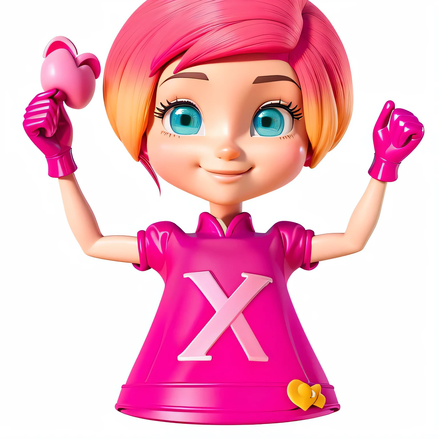 dos desenhos animados com fita rosa e luvas de boxe rosa, pink iconic character, (cores rosa), Poder Rosa, rosa, pixar disney 3d, sem cabelos usando toca de bolinhas tamanho medio-curto, olhos verde-mel, pele morena clara,