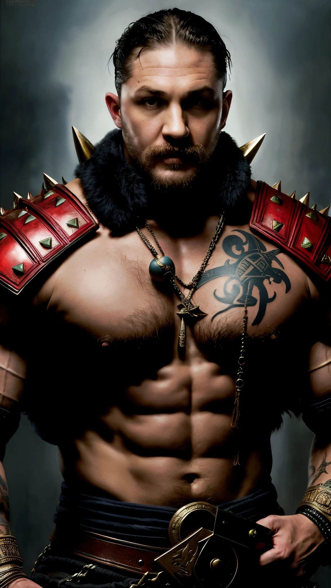 ((Tom Hardy)) as Reiko from Mortal Kombat, tall muscular man, fury haircut, wears crimson crossed armor, spiked shoulder pads, tattoo on face, big hammer, 1man, solo, intricate, high detail, sharp focus, dramatic, photorealistic painting art by greg rutkowski