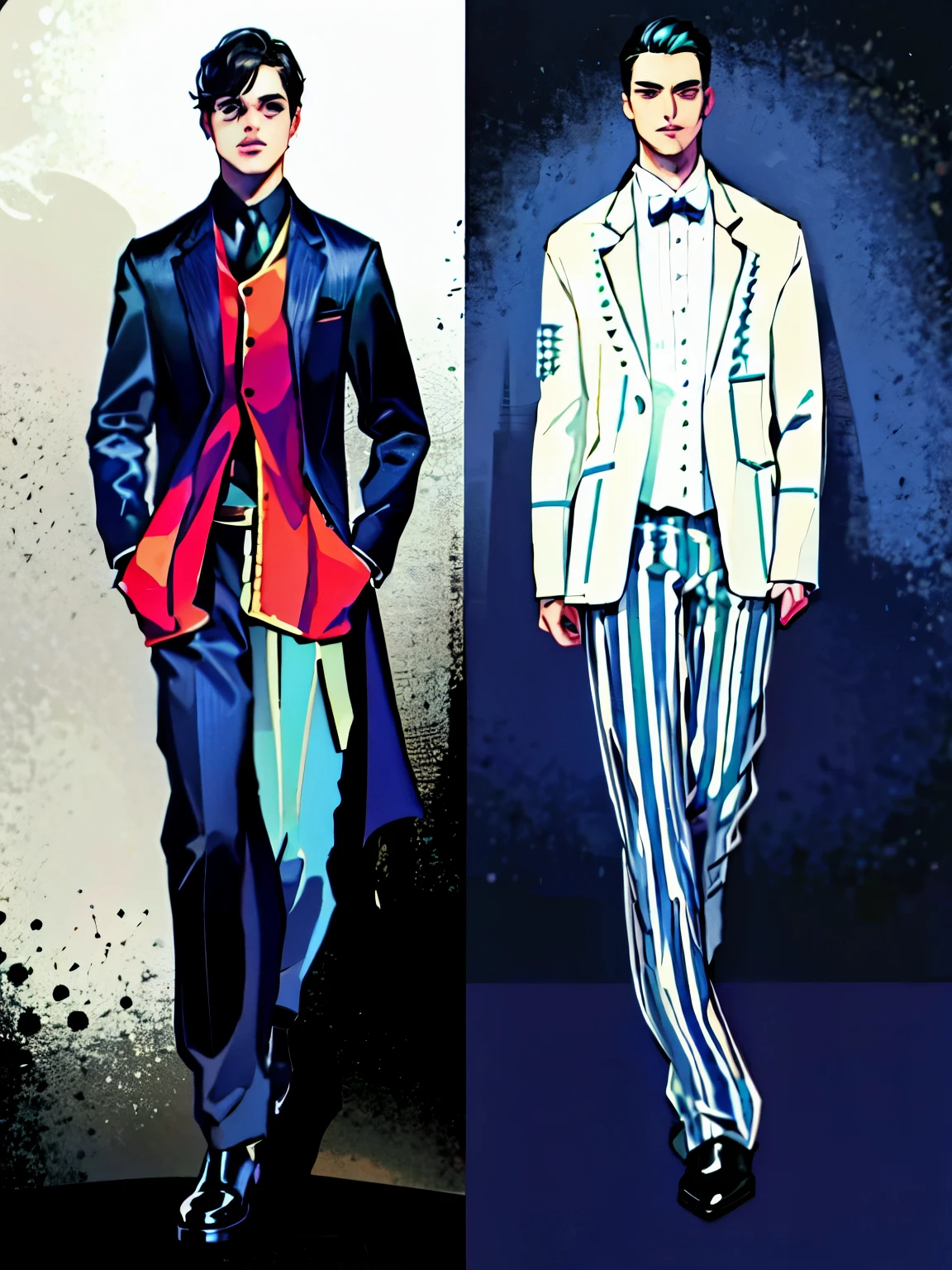 Two men in suits, Detailed clothes,  High detail of clothing, Fashion Designs,  clothing concept, Detailed fashion illustration, Very detailed and rich costumes,