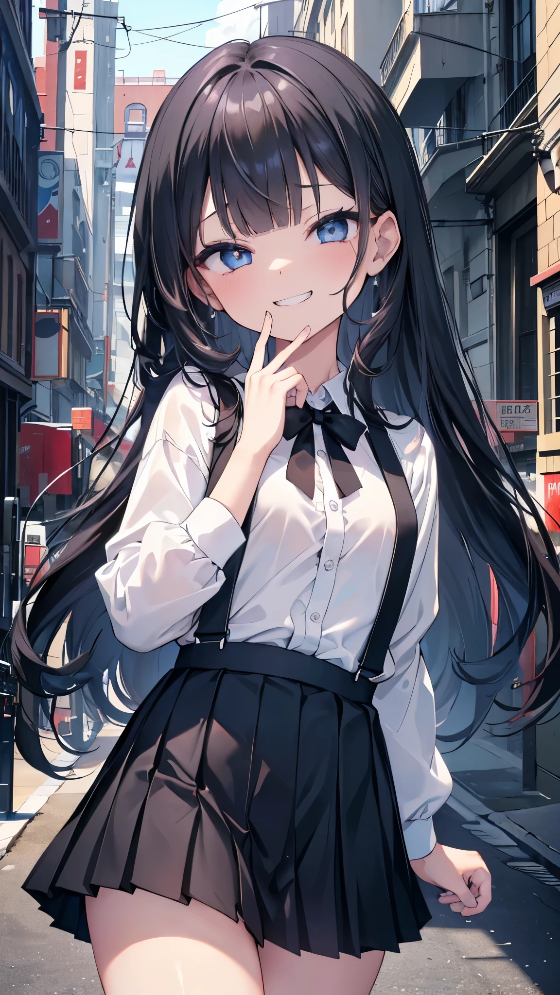 (8K、Highest image quality、highest quality、masterpiece)、detailed face、((1 baby girl))、black hair、long hair、blunt bangs、light blue eyes、evil smile、((grin))、((small breasts))、((white shirt))、suspenders、((black pleated skirt))、((micro miniskirt))、put your hand on your mouth、cowboy shot、Urban background