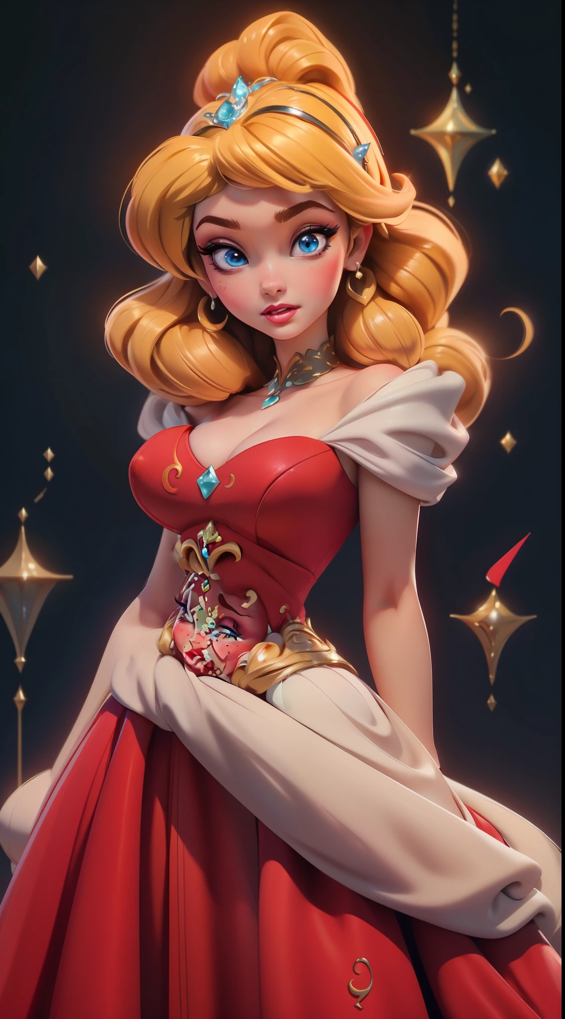 princess that has Pauline's body, heavy makeup on her eyes and lips, and Rosalinas blonde hair covering one eye, melting, 1girl, wearing red elegant ball gown, red gown, Beautiful, character, Woman, female, (master part:1.2), (melhor qualidade:1.2), (sozinho:1.2), ((pose de luta)), ((campo de batalha)), cinemactic, olhos perfeitos, pele perfeita, perfect lighting, sorrir, luz, cor, pele texturizada, detalhe, Beleza, maravilha, ultra-detalhado, rosto perfeito