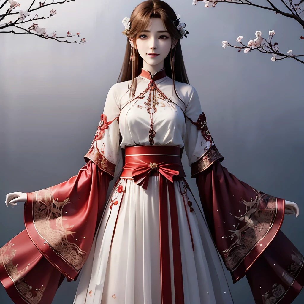 Beautiful girl with long brown hair, bright brown eyes, sweet smile, snow white skin,Her long hair is decorated with red mulberry flowers 🏵️,The girl wore a simple white hanfu with a red cloth tied around her waist, Forest setting filled with mulberry tree ,wearing simple white hanfu