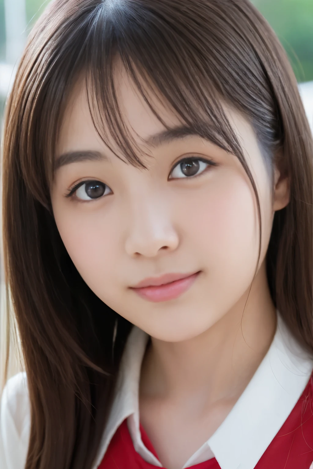 8k RAW写真、High resolution、18 year old Japanese、beautiful eyes、depicted in detail、long eyelashes、beautiful double eyelids、eyeliner、narrow eyes、elongated eye shape、Sansakumaru&#39;Legally thin and beautiful thighs、random long hair、lazy smile、school uniform、