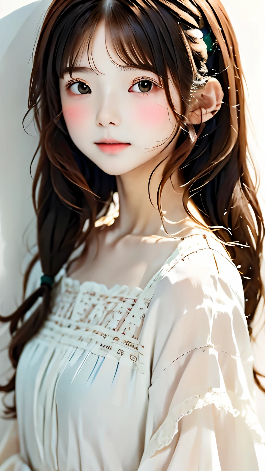 (((simple configuration)))、(((The background is a white wall:1.2)))、one girl、perfect anatomy、painterly、sketch、very delicate、wall with cloud-like pattern、、Floral、delicate depiction、abstract、Bright colors overall、Gentle color、Taisho romance、(masterpiece、highest quality、highest quality、official art、beautiful beautiful:1.2)、