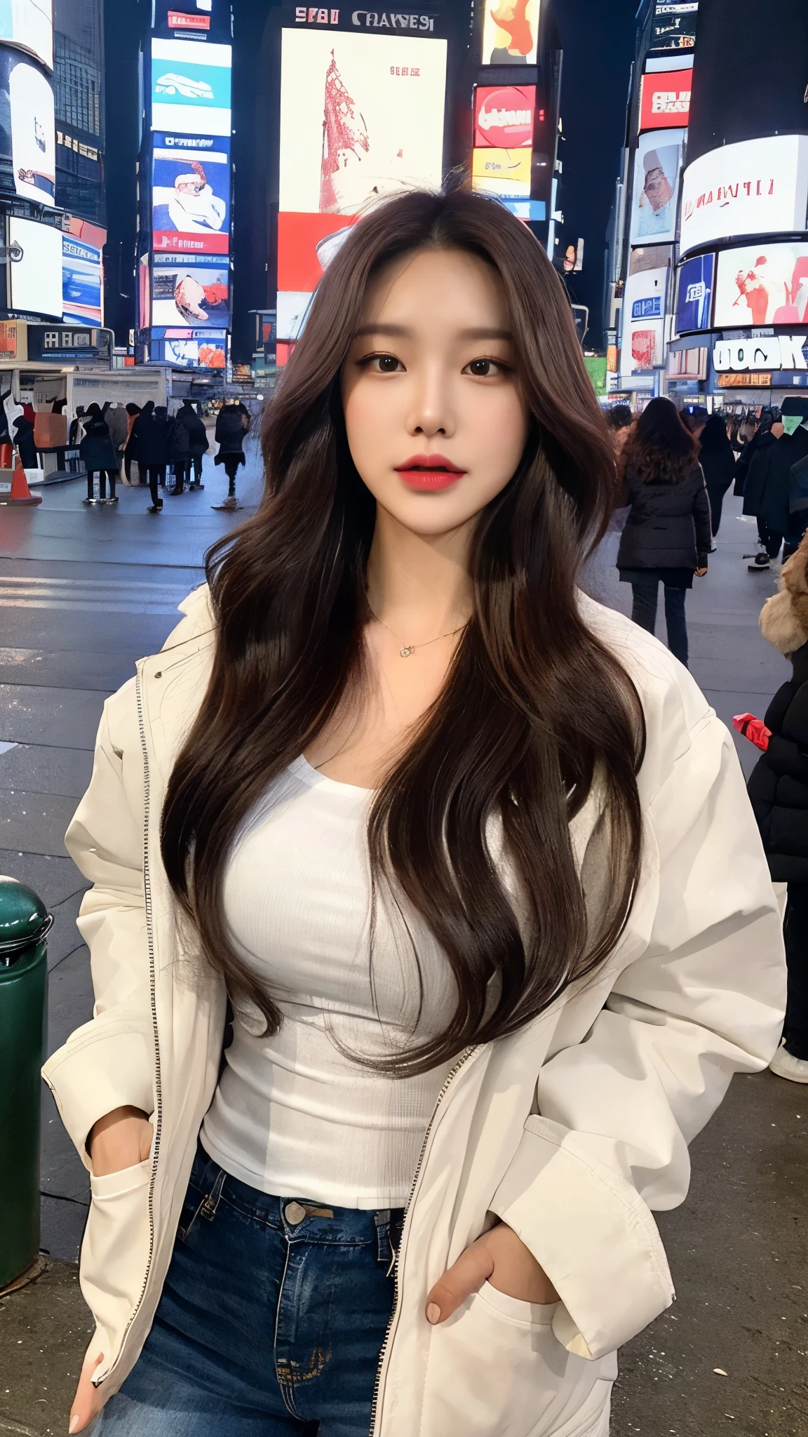 (best quality, 8 thousand, high resolution, masterpiece :1.3), Tall and pretty woman, slim body, Dark brown hair in loose wavy style, white t-shirt covered with open jacket, Jeans, (Times Square at night), Delicately expressed details, including face and skin texture, detailed eyes, double eyelid