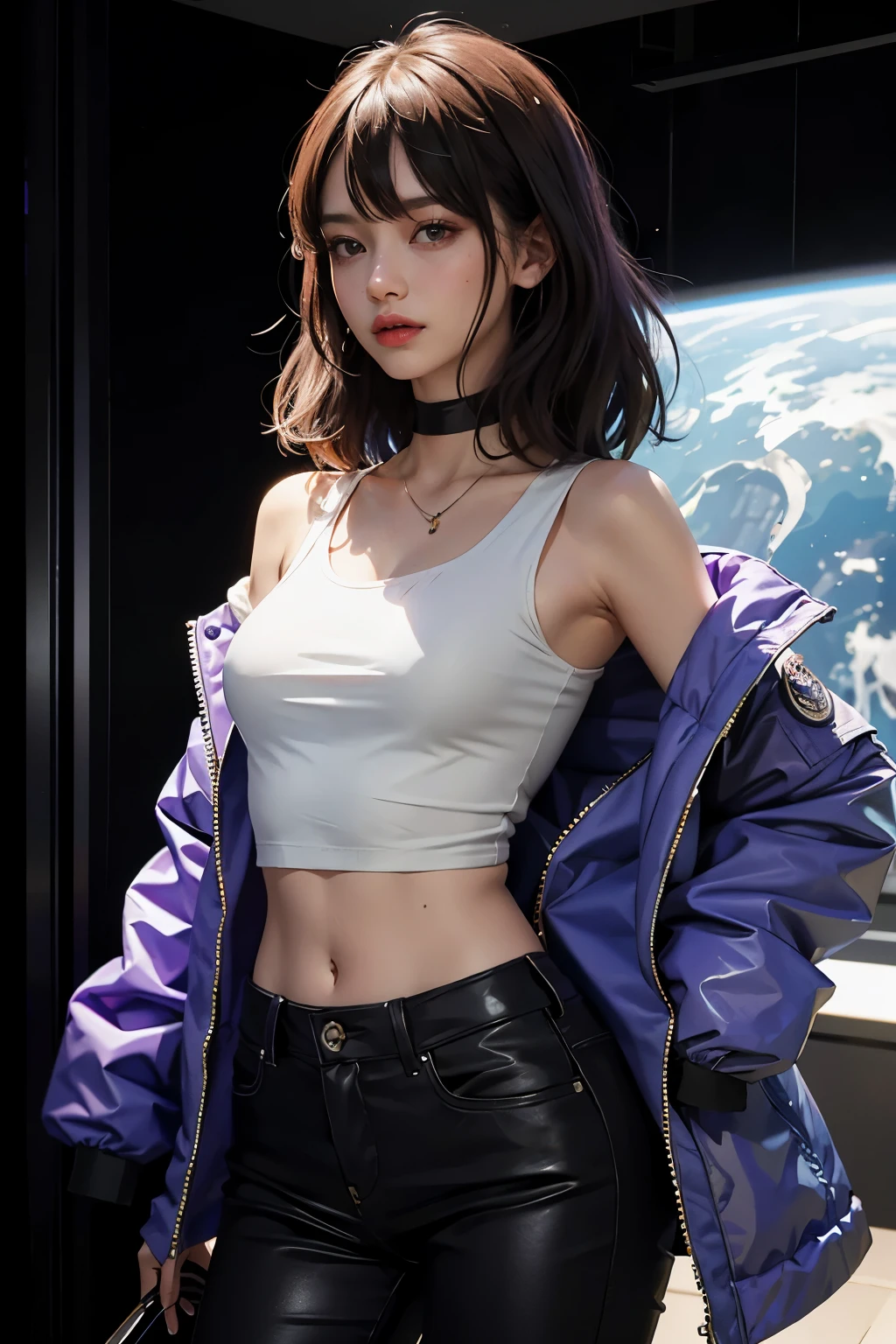 Slender Blackpink Lisa, beaming with joy in a full body portrait, dons a white tank top shirt and long black pants. She accessorizes with a space helmet, adding an element of mystery and adventure to her digital art image. The long purple jacket, draped over her shoulders, completes her chic and stylish look. The high-definition digital art renders her slender figure with intricate details and vibrant colors, making for a captivating and aesthetically pleasing masterpiece.
