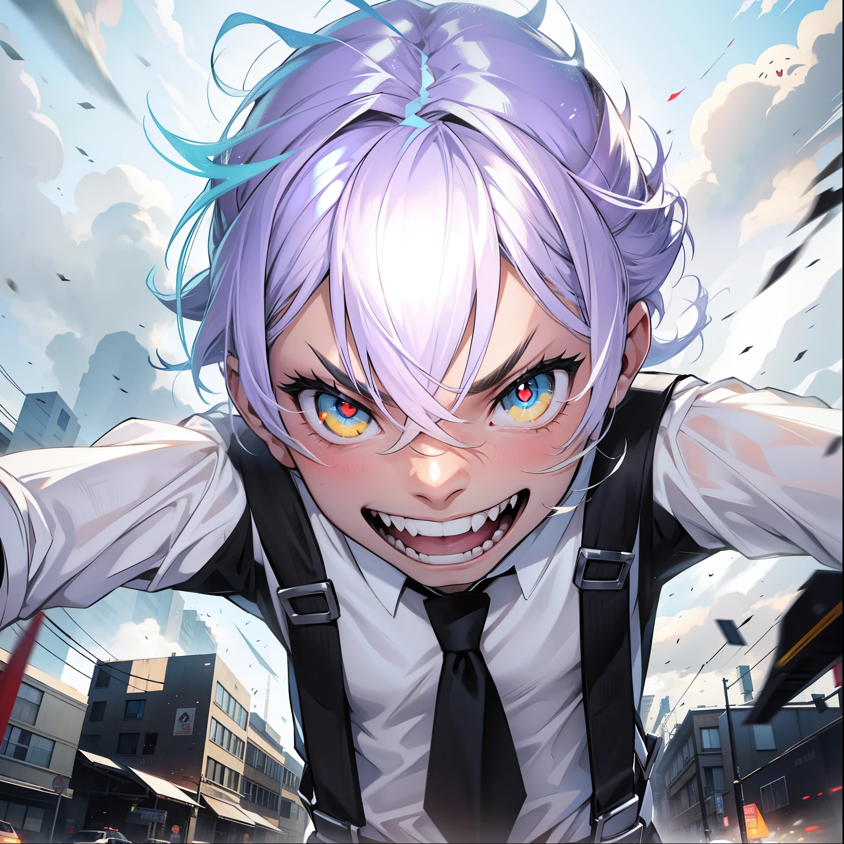 8 year old evil boy has white shirt with black suspenders, esta corriendo para atacar a alguien, poner efectos de velocidad detras de el se ven edificios egipcios, tiene ojos amrillo pelo blanco