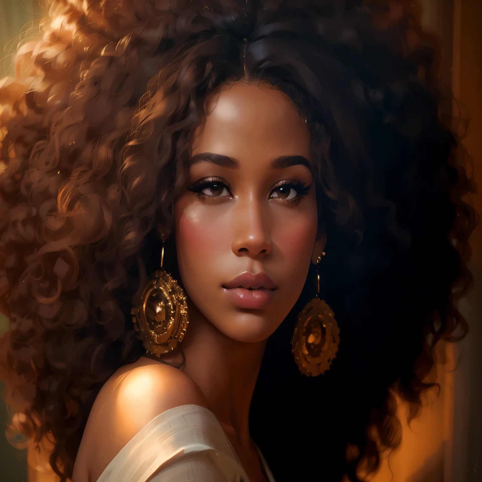 there is a woman with a big afro hair and earrings, beautiful portrait lighting, beautiful portrait photo, beautiful portrait, mixed-race woman, light skinned african young girl, portrait shot, stunning portrait, photo of a beautiful woman, gorgeous portrait, portrait of a beautiful model, beautiful portrait of a woman, her face framed with curls, beautiful portrait image, mixed race woman