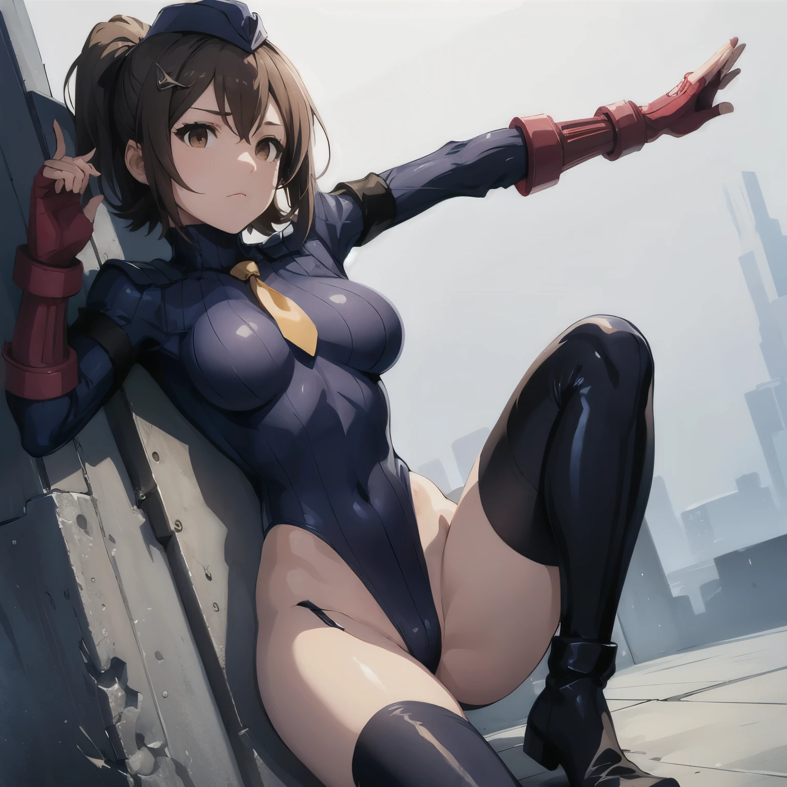 ultra-detailed, ????????, Beautiful body, Beautiful Nose, Beautiful character design, perfect eyes, perfect face, ultra highres, 4K, beautiful legs, perfect legs, Nice hands, Perfect hand, Masterpiece, Best Quality, Highly detailed, illustration, absurdres, perfect ???????, street fighter, doll suit, shadaloo doll, dollsuit, expressionless, blank eyes, looking at viewer, red gloves, emotionless, black latex, corrution, mind control, female combatant, full body, hypnotized, unhappy trance, full body suit, ribbed ????????, both arms at side, obey, perfect female body, extremely glossy latex, hypnosis, hypnoLora, empty eyes, Mind control device, poses, submissive_pose, Slave, lying down straight, lying down, lying down at attention, hat, necktie, belt, latex, ribbed ????????, thighhighs, garter belt, Fighting Stance, extending the right arm from the shoulder into the air with a straightened hand, military, thigh boots, 1girl, hair ornaments, brown hair, short hair, brown eyes, (((pixel-perfect, detail-perfect))), solo, 1girl, Mirai Kasuga, MILLION LIVE!