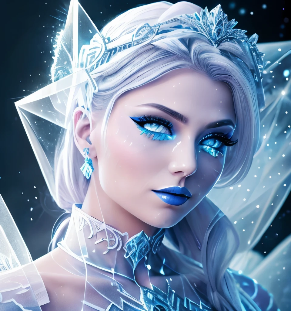 illustration, Alexa Bliss, blue lipstick on lips, ice armor, cinematic lighti, highest quality, ultra detailed realism, detailed face, detailed eyes, best quality, hyper detailed, works cousin, masterpiece, top quality, best, official art, beautiful and aesthetic, long exposure: 1 leggy and thin woman, broad and delicate shoulders, medium breasts, Charming Patterns, Icy witch woman, White , eyes covered by a veil made of ice, Her body is covered with pieces of ice detailed in a beautiful black dress, witch, winter, ice throne, witchcraft, Tone of Magic in Blue, strong glow in neon blue, queen, majesty, in the background a blizzard covering the environment. Front portrait, full body.