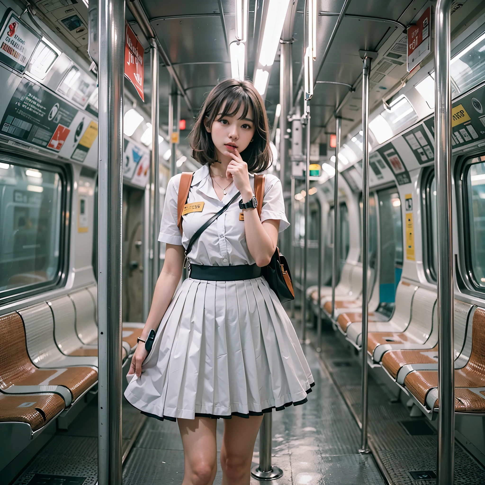 (realistic、Like a photograph、live action、8k, Photoreal, RAW photo, best image quality: 1.4), Single-lens reflex camera、RAW photo, highest quality, realistic, Highly detailed CG Unity 8k wallpaper, Depth of written boundary, cinematic light, Lens flare, ray tracing, realistic background、(school uniform:1.4、check pleated skirt:1.1、cleavage:1.37、big breasts、skirt lift:1.2)、((super dense skin))、 1 girl,cute japanese girl、Japanese high school girl、((whole body:1.5)、I'm looking forward to、looking at the viewer:1.1、upper grade、embarrassed look、random hairstyle:1.2、i like the style、Snazzy、Super detailed、pay attention to details、short bob、perfect costume、(white skin)、beautiful feet:1.1,Sit in the subway、View from the front、thighs、panty shot