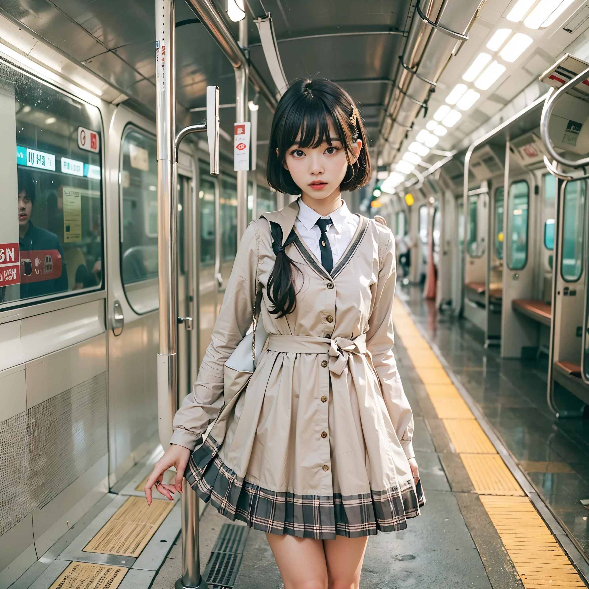 (realistic、Like a photograph、live action、8k, Photoreal, RAW photo, best image quality: 1.4), Single-lens reflex camera、RAW photo, highest quality, realistic, Highly detailed CG Unity 8k wallpaper, Depth of written boundary, cinematic light, Lens flare, ray tracing, realistic background、(school uniform:1.4、check pleated skirt:1.1、cleavage:1.37、big breasts、skirt lift:1.2)、((super dense skin))、 1 girl,cute japanese girl、Japanese high school girl、((whole body:1.5)、I'm looking forward to、looking at the viewer:1.1、upper grade、embarrassed look、random hairstyle:1.2、i like the style、Snazzy、Super detailed、pay attention to details、short bob、perfect costume、(white skin)、beautiful feet:1.1,Sit in the subway、View from the front、thighs、panty shot