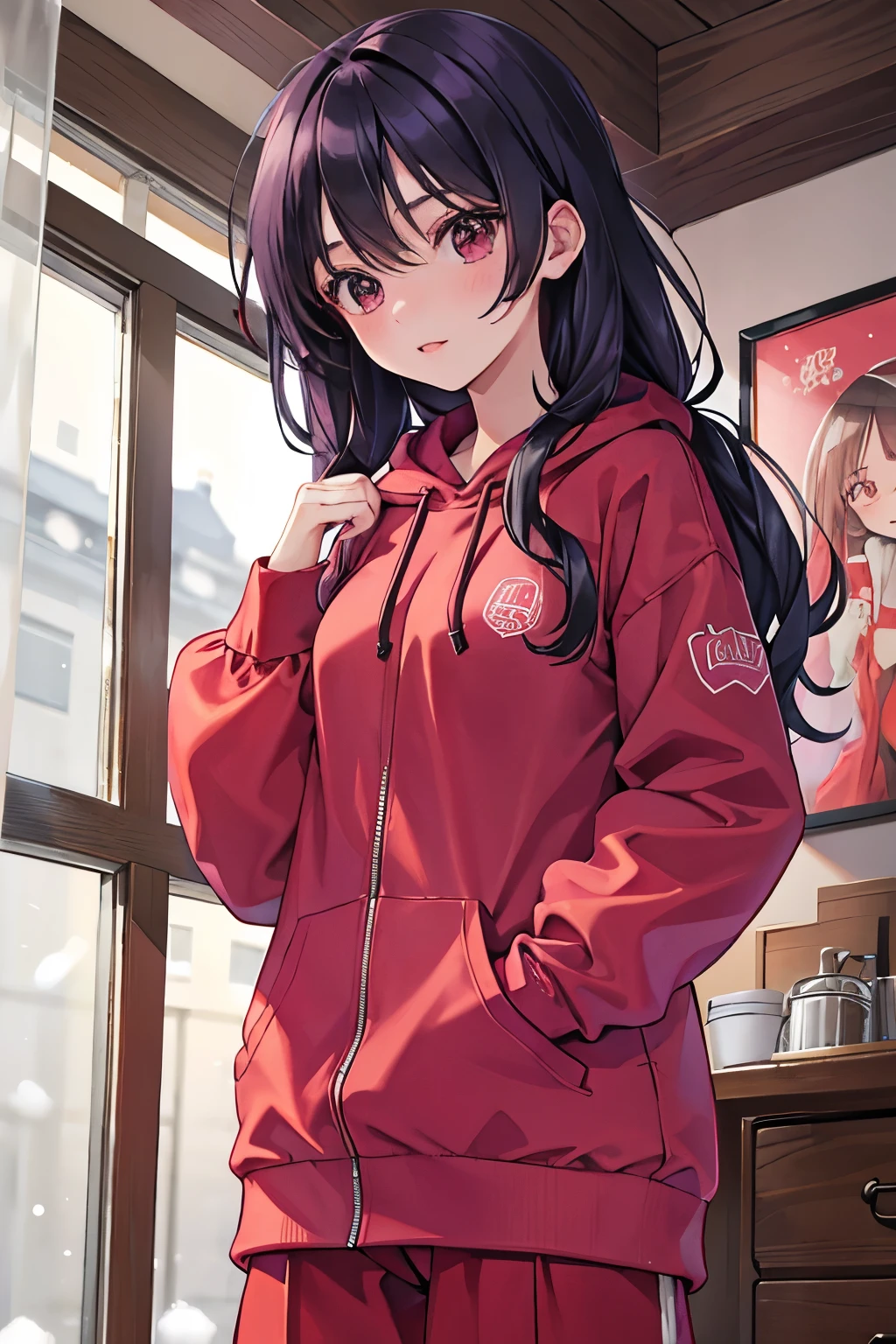 A girl wearing baggy red-purple pants, long sleeve, winter, Wearing a reddish-purple oversized hoodie, It&#39;s snowing in the background, Moe sleeves, Bedroom, barefoot, black hair, from below