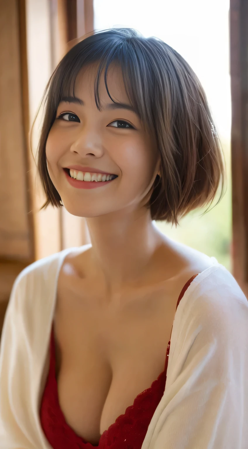 Japanese ),((beautiful girl)),cleavage,An expression that imagines something pleasant:1.2,(perfect body beauty:1.2),((perfect body)),(shy smile),beautiful teeth,