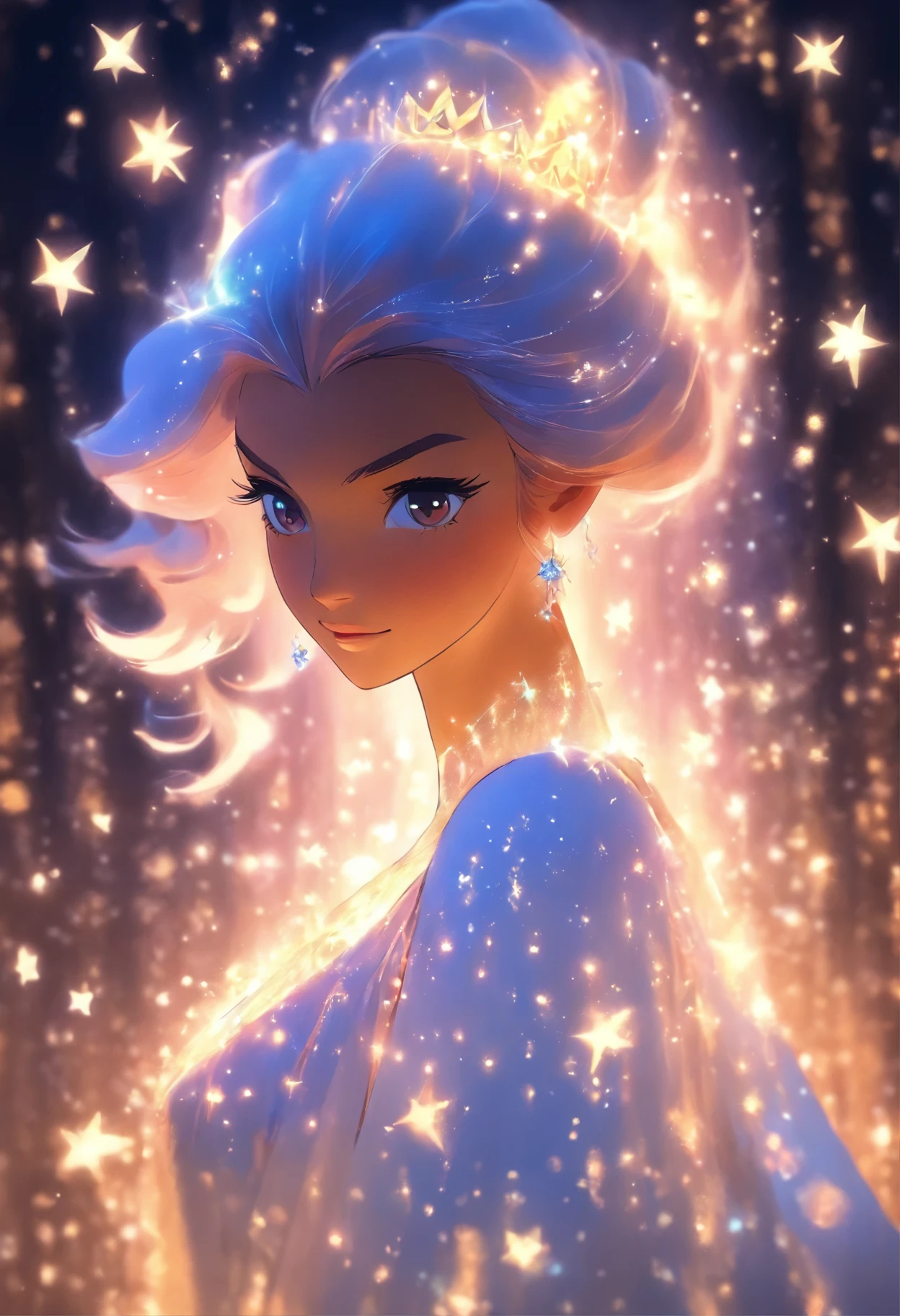 a woman in a white dress standing in the dark, magical dress, wearing a dress made of stars, there is a glow coming from her, in style of disney animation, disney art style, magically glowing, “diamonds, ✨🕌🌙, fantasy dress, inspired by Isobelle Ann Dods-Withers, in style of charlie bowater, princess of light