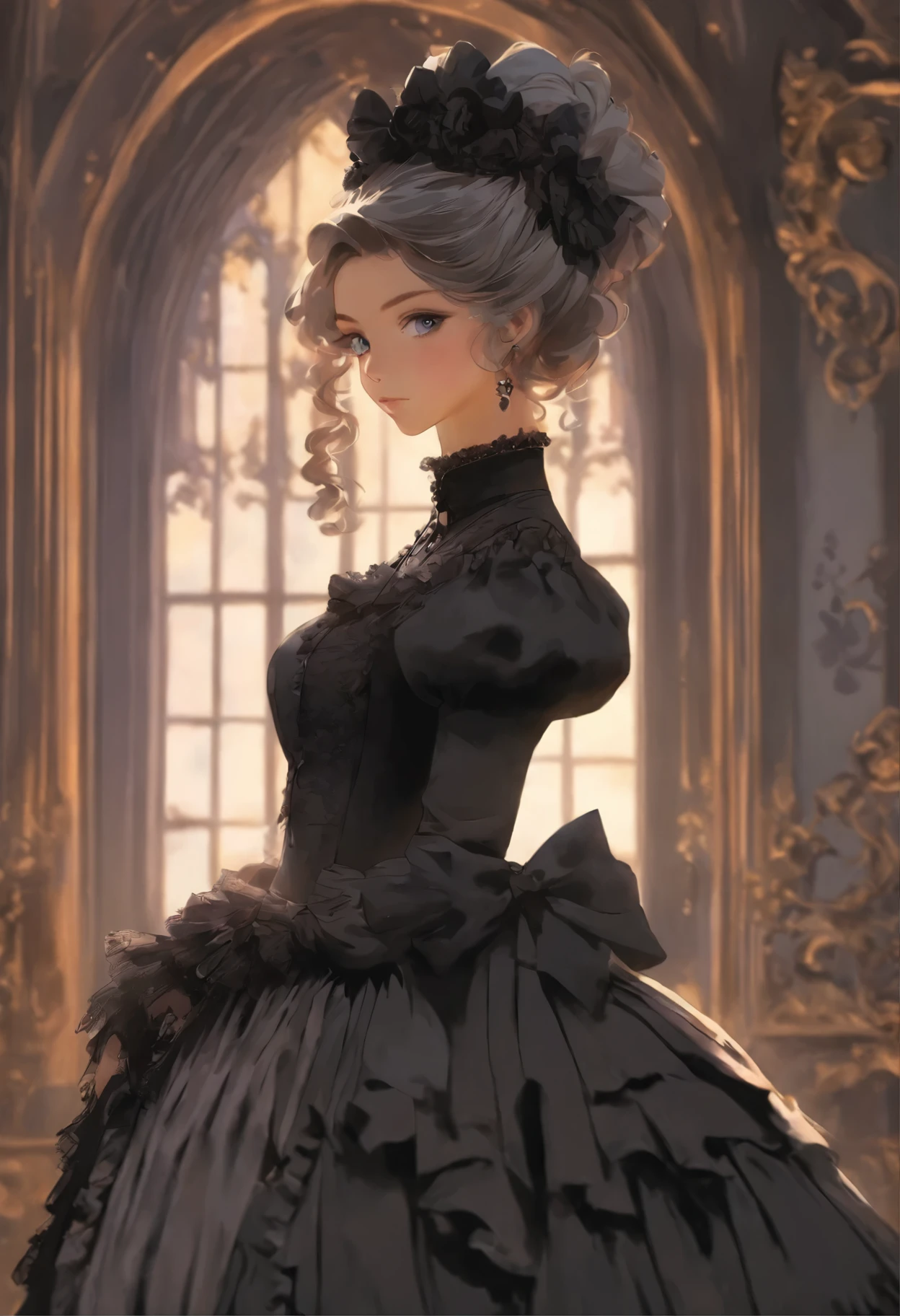 woman in a black and grey dress standing in a room, a portrait by Heather Hudson, reddit, baroque, victorian goth, victorian style costume, gothic outfit, in detailed steampunk dress, black and violet costume, victorian gothic, gothic regal and tattered black, intricate victorian dress, victorian gothic ta fashion, fantasy outfit, full dress, wearing a gothic dress, black victorian dress