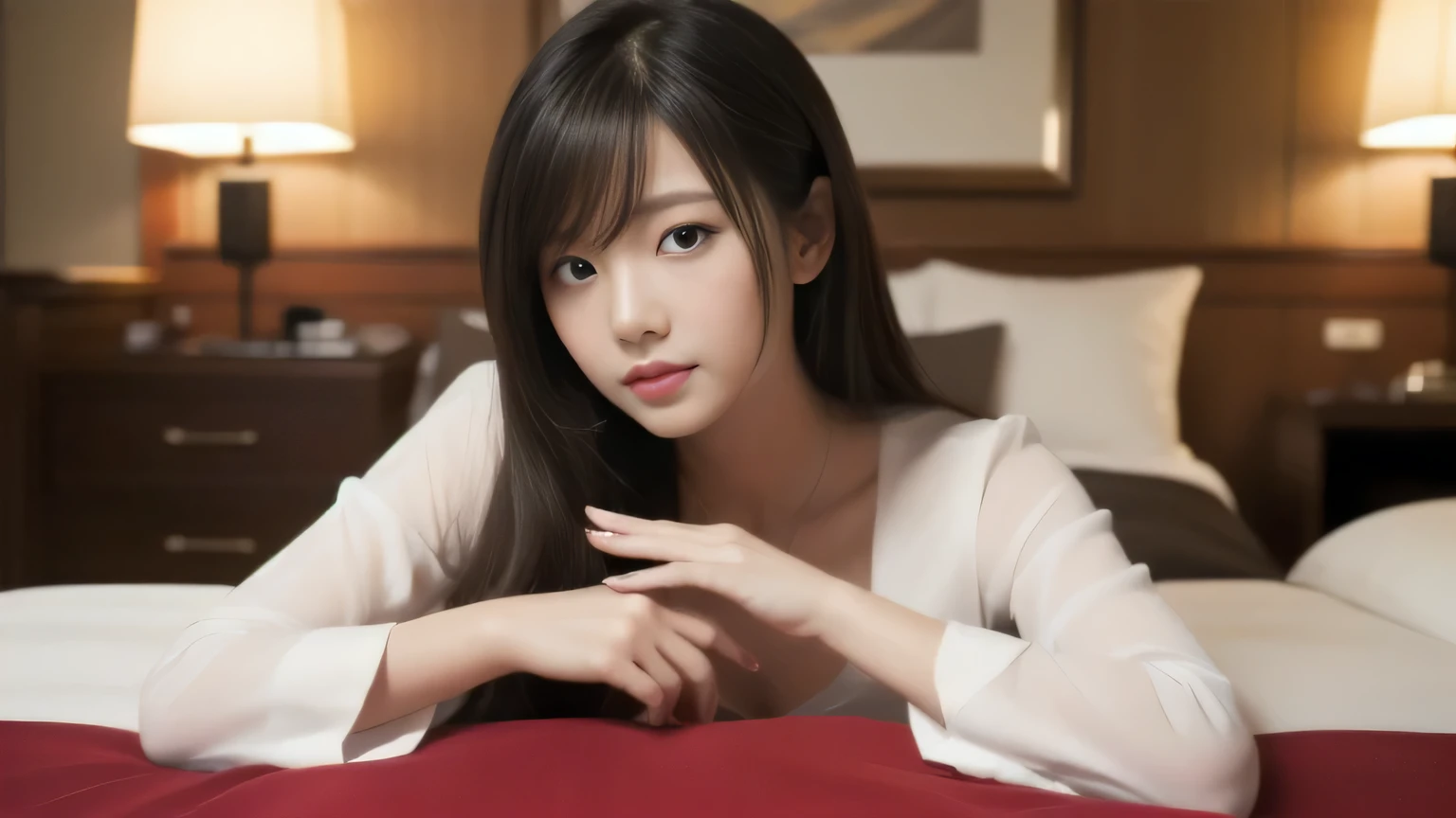 (8k, RAW photo, highest quality, masterpiece: 1.2), Super detailed, super resolution, (genuine, genuine photos: 1.37), portrait, High-definition RAW color photo, professional photos, very detailed and beautiful, very detailed, 8k wallpaper, highest quality, table top, ultra high resolution, (Photoreal: 1.4), Front view, Half body, famous japanese actress, revealing clothing, very beautiful woman, cute, Cinematic 35mm lens, f/1 .8, Beautiful double eyes with equal left and right sides, 上Half bodyショット,intoxicating atmosphere,Beds in luxury hotel rooms