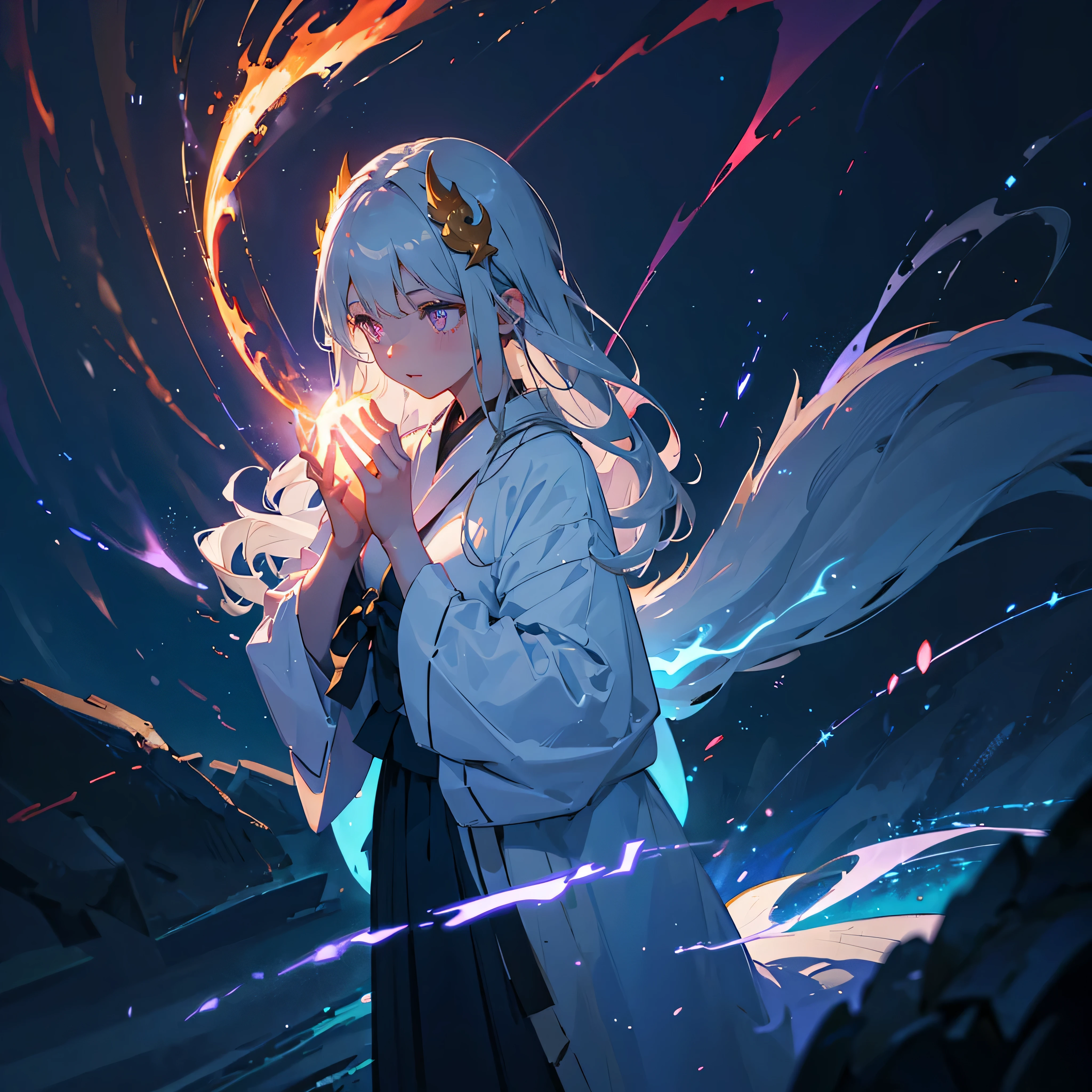 praying girl, Elementals, lightning, green aura, red aura, purple aura, flame eyes, dragon shadows, flame surrounding girl, Masterpiece, dark theme, maximum quality, maximum detail, ultra detail eyes, professional coloring, cinematic lightning, ruins, depth of field, backlighting, 1girl, medium breast, young girl, grey hair, long hair, glowing halo, light ring, kitsune mask hair ornament, glowing blue ocean, naked, focus her face, girl praying with hands clasped