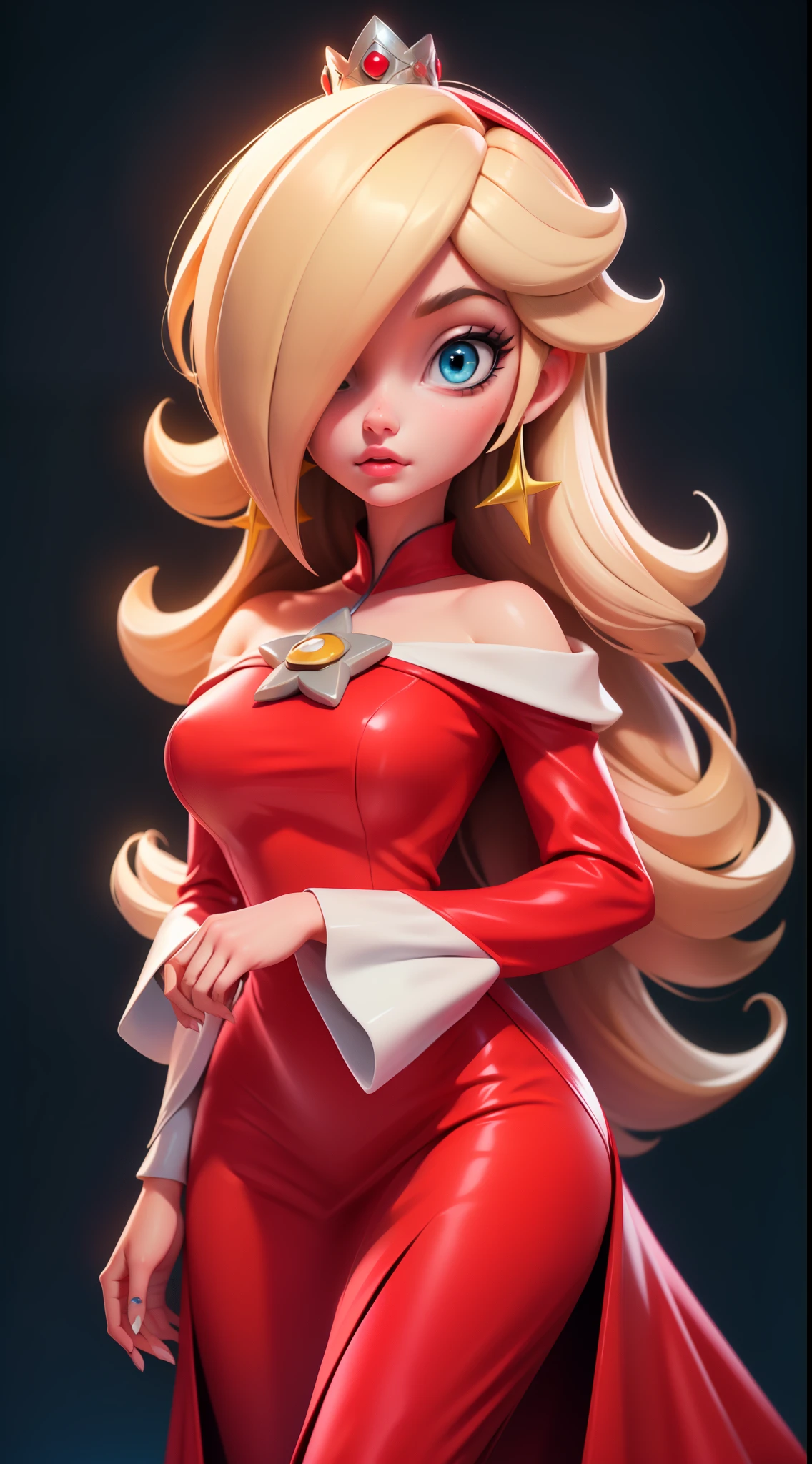 princess that has Pauline's body, heavy makeup on her eyes and lips, and Rosalinas blonde hair covering one side of her face, side-swept hair bangs, hair over eyes, hair covering her right eye, hair falling over eyes, her hair is covering her eyes, bangs, melting, 1girl, wearing red elegant ball gown, red gown, Beautiful, character, Woman, female, (master part:1.2), (melhor qualidade:1.2), (sozinho:1.2), ((pose de luta)), ((campo de batalha)), cinemactic, olhos perfeitos, pele perfeita, perfect lighting, sorrir, luz, cor, pele texturizada, detalhe, Beleza, maravilha, ultra-detalhado, rosto perfeito