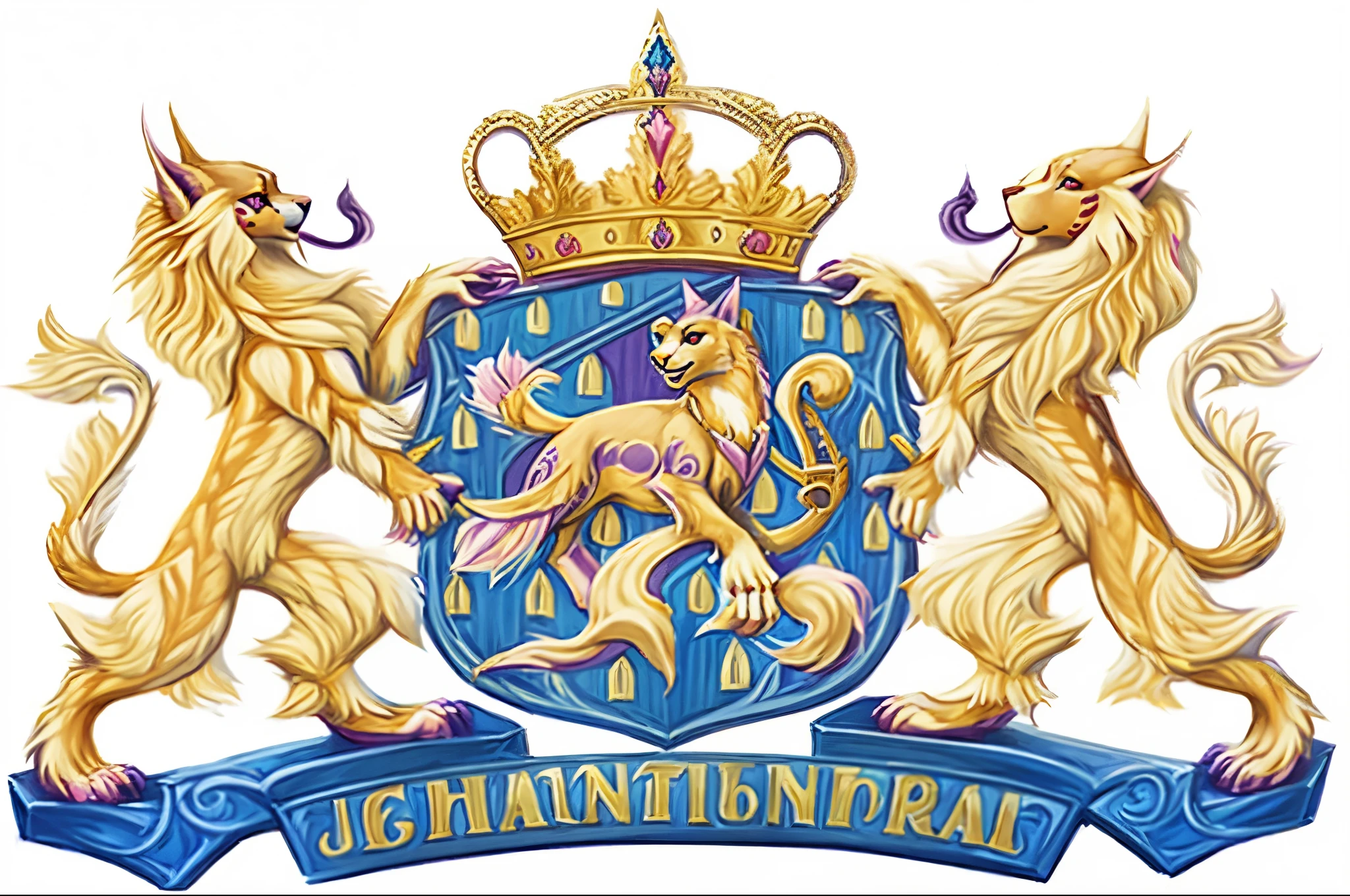 An emblem with the image of a coat of arms inside which is (a treble clef:1), on the edges of the coat of arms and leaning on it while standing on its hind legs (cat:1) and (Siberian Laika:1.3), majestically and proudly, purple and pink colors, hyperrealism, 64k, high quality, professional photo, ultra-detailed, soft lighting, detailed drawing