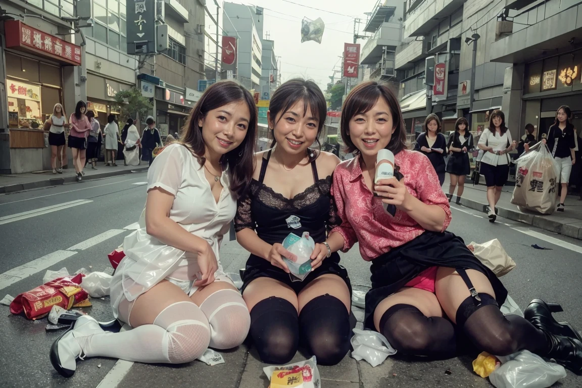 Highest image quality、highest quality、highest resolution、masterpiece、portrait、accurate perspective、accurate size balance、45 years old、(There are three beautiful women:1.4）、(light brown long curly hair)、(full body shot:1.4)、looking at the camera、shot at low angle、(canned chuhaiを飲み過ぎて酔っている:1.4)、(sleepy face:1.4)、cheeks are red、smile、(lean body:1.4)、((legs wide open))、((patterned blouse and miniskirt、garter belt and stockings、high heels、lace bra and panties:1.4))、(Cardboard is laid out on the road in front of a luxury department store in Ginza.:1.4)、(canned chuhai、beer bottle、Whiskey bottles、lunch box container、sweets bag、Plastic bags etc. are scattered around.:1.4)