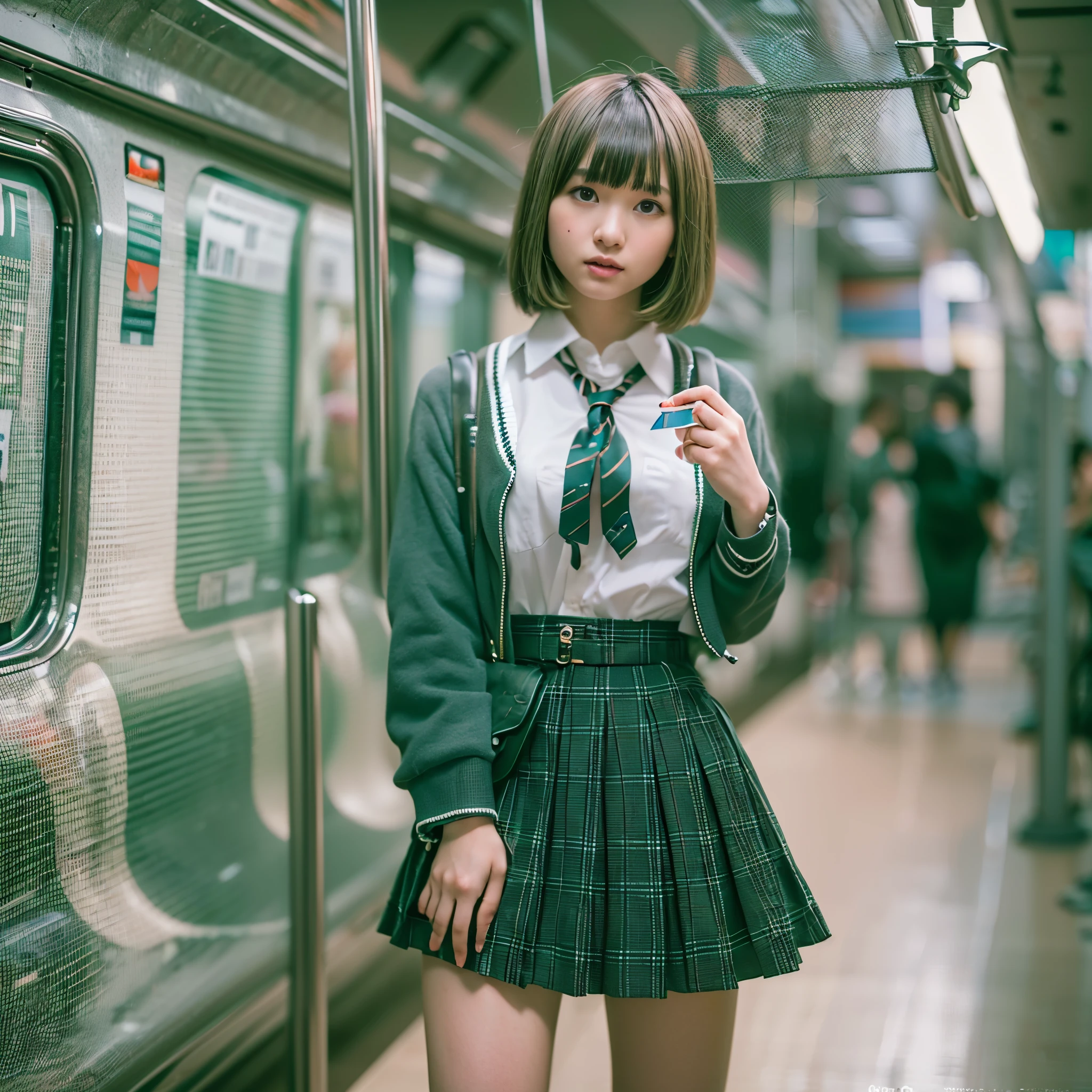 (realistic、Like a photograph、live action、8k, Photoreal, RAW photo, best image quality: 1.4), Single-lens reflex camera、RAW photo, highest quality, realistic, Highly detailed CG Unity 8k wallpaper, Depth of written boundary, cinematic light, Lens flare, ray tracing, realistic background、(school uniform:1.4、check pleated skirt:1.1、cleavage:1.37、big breasts、knee socks:1.2)、((super dense skin))、 1 girl,cute japanese girl、Japanese high school girl、((whole body:1.5)、I&#39;m looking forward to、looking at the viewer:1.1、upper grade、embarrassed look、random hairstyle:1.2、i like the style、Snazzy、Super detailed、pay attention to details、short bob、perfect costume、(white skin)、beautiful feet:1.1，Sit in the subway、View from the front、thighs、panty shot