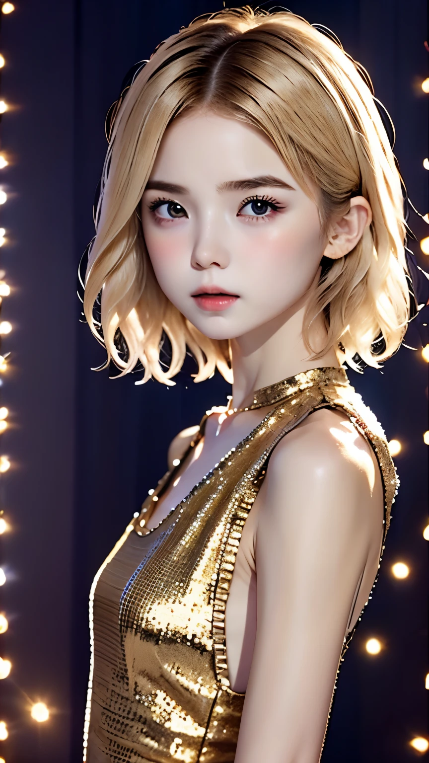 RAW shooting、Photoreal、Masseter muscle part、one girl、baby face、very cute、Slender and beautiful、((small breasts:1.2))、realistic eyes、The eyes are realistic、Realistic and carefully drawn eyes、charming eyes、platinum blonde hair、short bob、choken sequin dress、Champagne Gold Dress、Chess gangte sleeveless dress with bold opening、cumbersome pose、luxury dance hall、dimly lit dance hall、small title background、highest quality、ultra high resolution、8k、