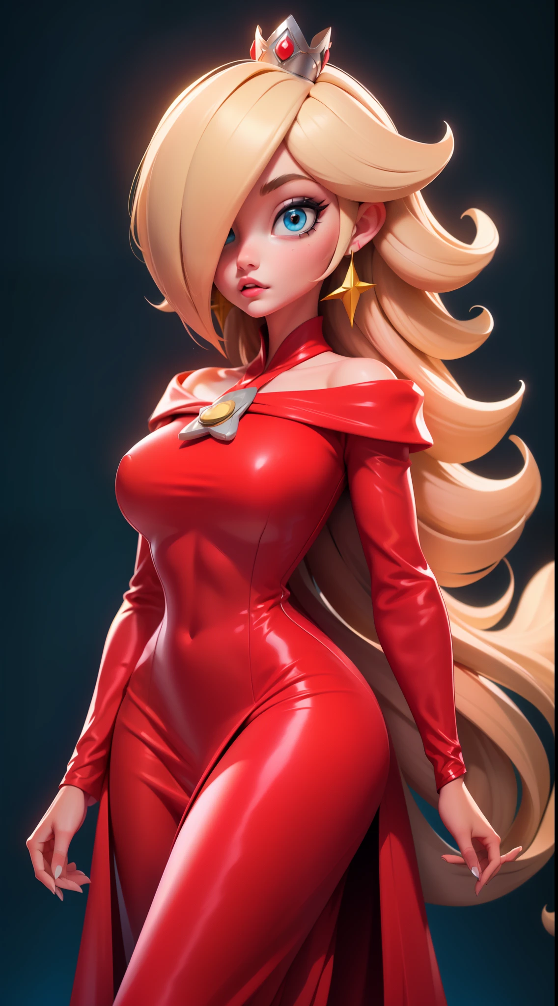 princess that has Pauline's body, heavy makeup on her eyes and lips, and Rosalinas blonde hair covering one side of her face, side-swept hair bangs, hair over eyes, hair covering her right eye, hair falling over eyes, her hair is covering her eyes, bangs, melting, 1girl, wearing red elegant ball gown, red gown, Beautiful, character, Woman, female, (master part:1.2), (melhor qualidade:1.2), (sozinho:1.2), ((pose de luta)), ((campo de batalha)), cinemactic, olhos perfeitos, pele perfeita, perfect lighting, sorrir, luz, cor, pele texturizada, detalhe, Beleza, maravilha, ultra-detalhado, rosto perfeito