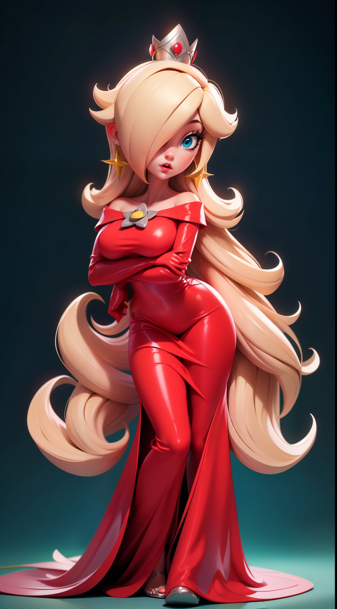 princess that has Pauline's body, heavy makeup on her eyes and lips, and Rosalinas blonde hair covering one side of her face, side-swept hair bangs, hair over eyes, hair covering her right eye, hair falling over eyes, her hair is covering her eyes, bangs, melting, 1girl, wearing red elegant ball gown, red gown, Beautiful, character, Woman, female, (master part:1.2), (melhor qualidade:1.2), (sozinho:1.2), ((pose de luta)), ((campo de batalha)), cinemactic, olhos perfeitos, pele perfeita, perfect lighting, sorrir, luz, cor, pele texturizada, detalhe, Beleza, maravilha, ultra-detalhado, rosto perfeito