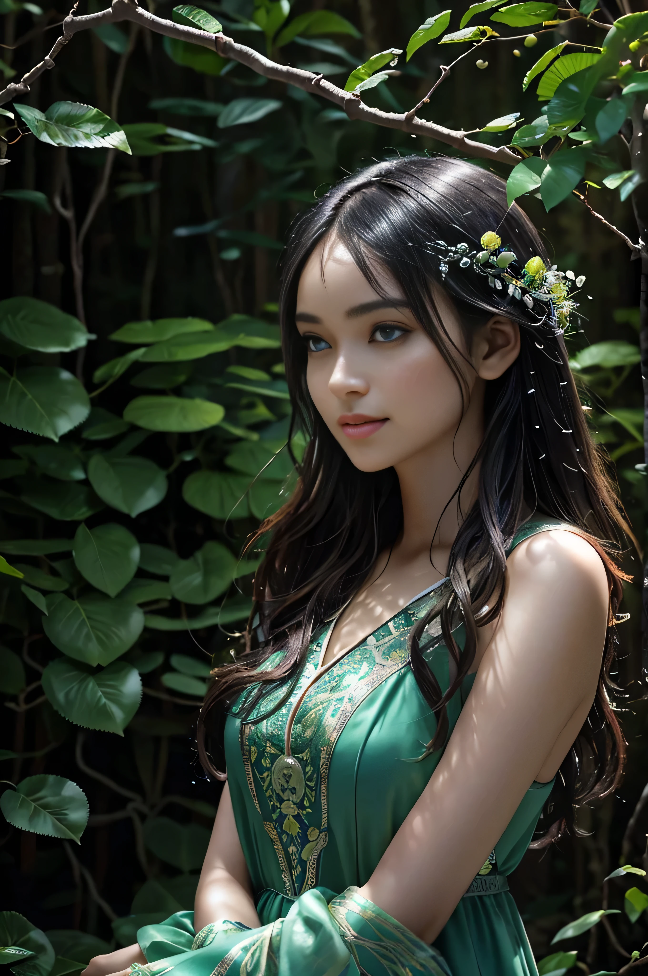 of the highest natural beauty, masterpiece of the wilderness, Ultra High Resolution like the tiniest dewdrops on a leaf, (Photorealistic: 1.4), Untouched snapshot of the night sky, Ebony locks resembling a raven's feathers, Skin as glossy as fresh morning dew, 1 Enchanted Nymph, (superbly realistic features)), Full blossoming form, upper body naked, lingerie, in bed, legs spread, Universal Radiance, Harmony of light and shadow, Forest Canopy Rendering, 8K, ultrasharp like the thorns of a rose, Revealed bosom like a blooming flower, Unprocessed earthy texture, Organic elements, Elaborate foliage patterns, Nature's intricate designs, Sunlight painted by the hand of Mother Nature herself, Trends in Natural Artistry, Gazing towards the horizon, Bioluminescent details, Organic limbs that blend seamlessly with the forest, Rivers of life running through vines, Natural backbone connected to the ancient tree, Leafy cervical attachment to the trunk, Vines and roots intertwining with the spirit, Tiny firefly lanterns illuminating the path, Silver threads of moonlight, Eyes as round and deep as forest pools, Magnificent iris resembling a kaleidoscope of colors, Joyful smile that lights up the forest, Summer attire woven from petals, Enchantress of the woodland, Dynamic presence like the wind through the trees.