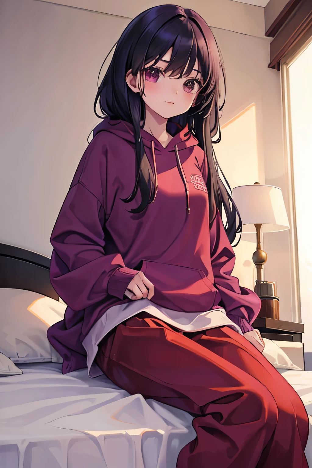 A girl wearing baggy red-purple pants, long sleeve, winter, Wearing a reddish-purple oversized hoodie, Moe sleeves, Bedroom, barefoot, black hair, from below, super detailed