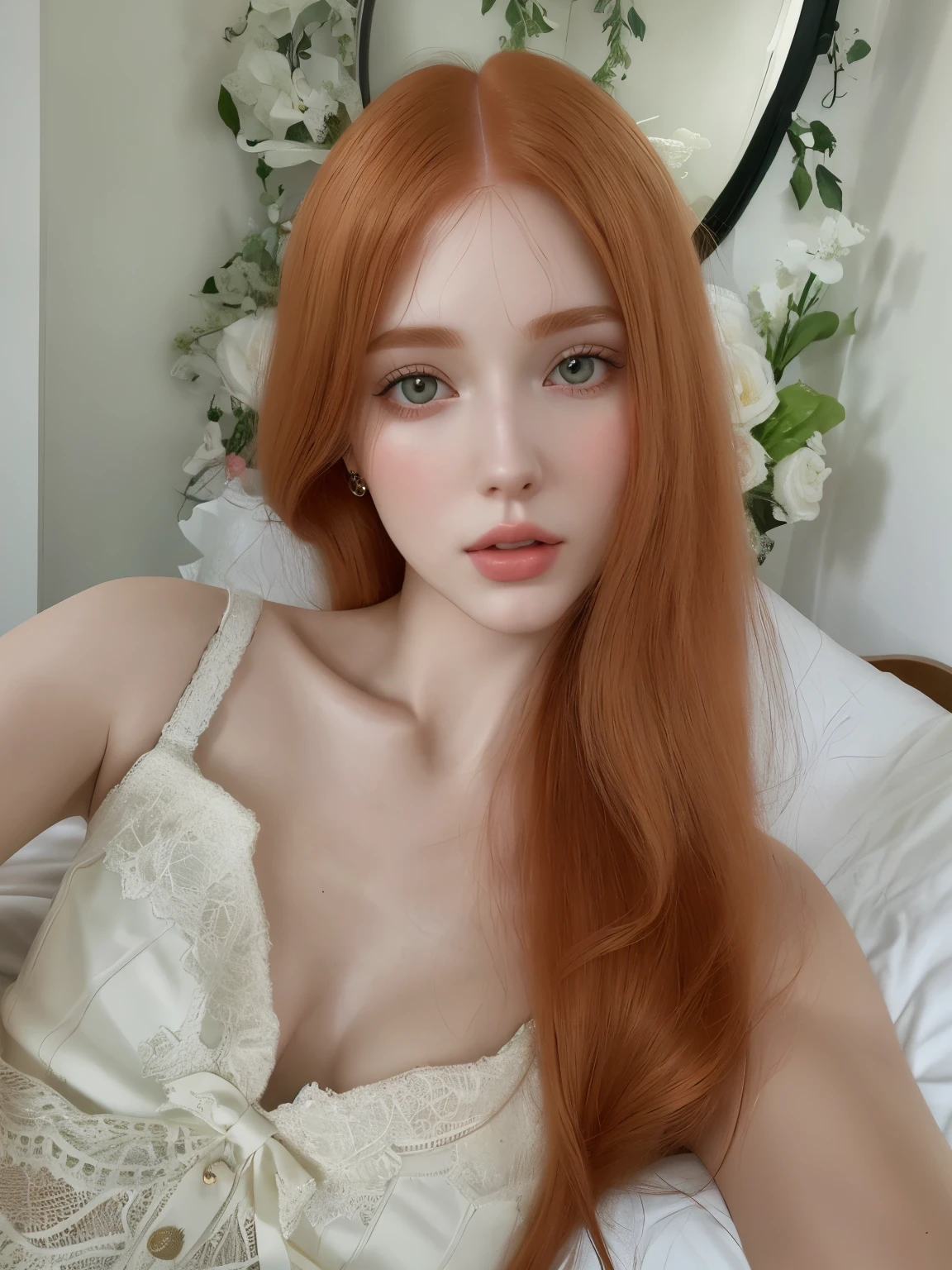 Mujer pelirroja con pelo largo en sujetador blanco en la cama, with pale skin, soft and pale skin, natural soft pale skin, pale, shiny skin, Sofia Turner, pale skin soft and flawless, hada ellie bamber, pale and light skin!!, lavabo sadie, soft pale white skin, ellie bamber, pale ivory skin, Sofia Turner girl, pale ivory skin