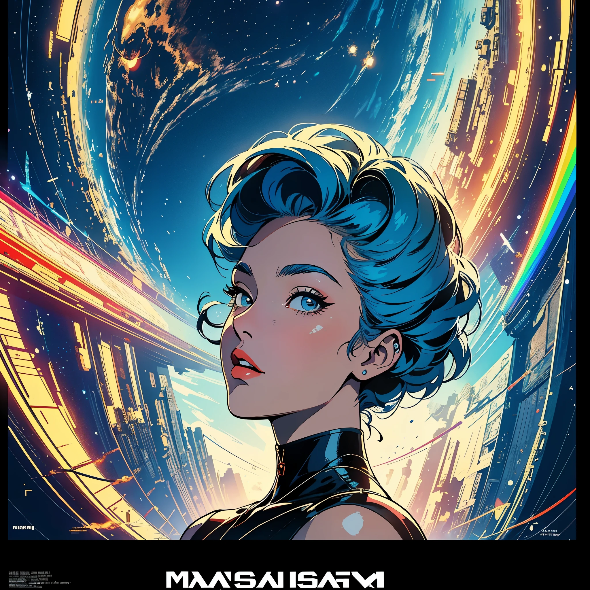 (masterpiece, highest quality), 32k,(A very detailed beautiful woman), poster,science fiction,1960s,1970s,bauhaus, shape, OK, abstract, propaganda,movie poster, vintage,retro,futuristic,anime,ultimate map,Perfect rainbow,highlight,angle from below,amazing hair,