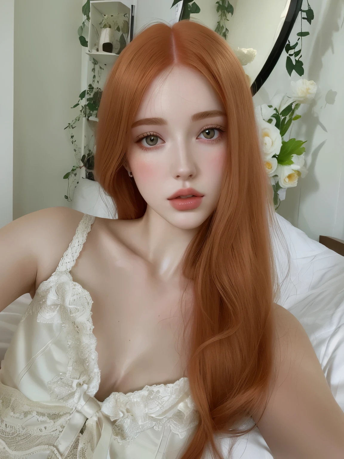 Mujer pelirroja con pelo largo en sujetador blanco en la cama, with pale skin, soft and pale skin, natural soft pale skin, pale, shiny skin, Sofia Turner, pale skin soft and flawless, hada ellie bamber, pale and light skin!!, lavabo sadie, soft pale white skin, ellie bamber, pale ivory skin, Sofia Turner girl, pale ivory skin