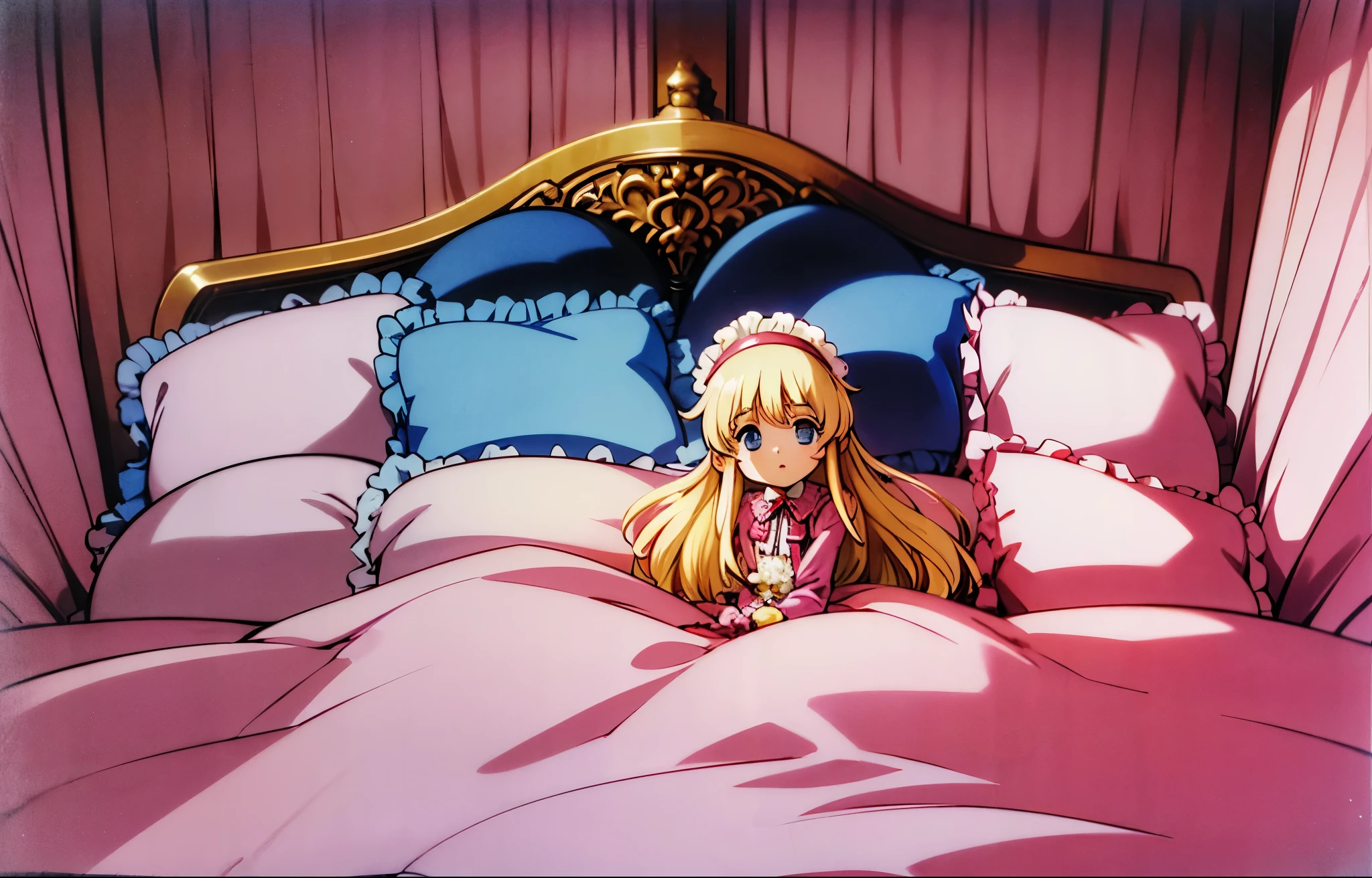 ,highest quality, masterpiece, highest resolution, artwork, super それにget used to it, many get used to it, get used to it, それにget used to it, 3K anime illustration,(( 10 year old girl)),Super detailed baby face,high quality small face,long blonde hair,blue eyes,白い肌のeuropean,pajamas, european,curly hair,blue eyes,((((ピンクのロリータファッションのlong skirtのワンピースドレス)))),((Pink dress with lots of frills and ribbons)),((Luxurious headdress with frills and ribbons)),detailed headdress,,(((big yoke collar))),Yoke collar with ruffles and ribbons,((((long sleeve)))),ruffle sleeves,((((long skirt)))),white ruffle and lace socks,large frill and ribbon pillow,(((Nice pink outfit))),豪華なcanopy bedの上,canopy bed,The bed is surrounded by luxurious curtains,many frilly pillows on the bed,There are many frilly pillows behind the girl.,super detailed background,detailed bed,soft pink comforter,Highly detailed soft ruffle pillow,Beautiful girl illustration,detailed beautiful face,fine hair,detailed eye ,detailed eyes,detailed mouth, arm details,fine hands,Detailed pillow,wide bed,Illustration on the bed, ,((((round futon)))),((((A large ruffled futon that covers the entire bed)))),detailed comforter,detailed bedシーツ,Before bedtime,romantic atmosphere,palace bedroom,((((The lower half of the body is hidden under a large futon...)))) The girl is leaning on a pile of pillows, ,((((round futon)))),((((A large ruffled futon that covers the entire bed)))),