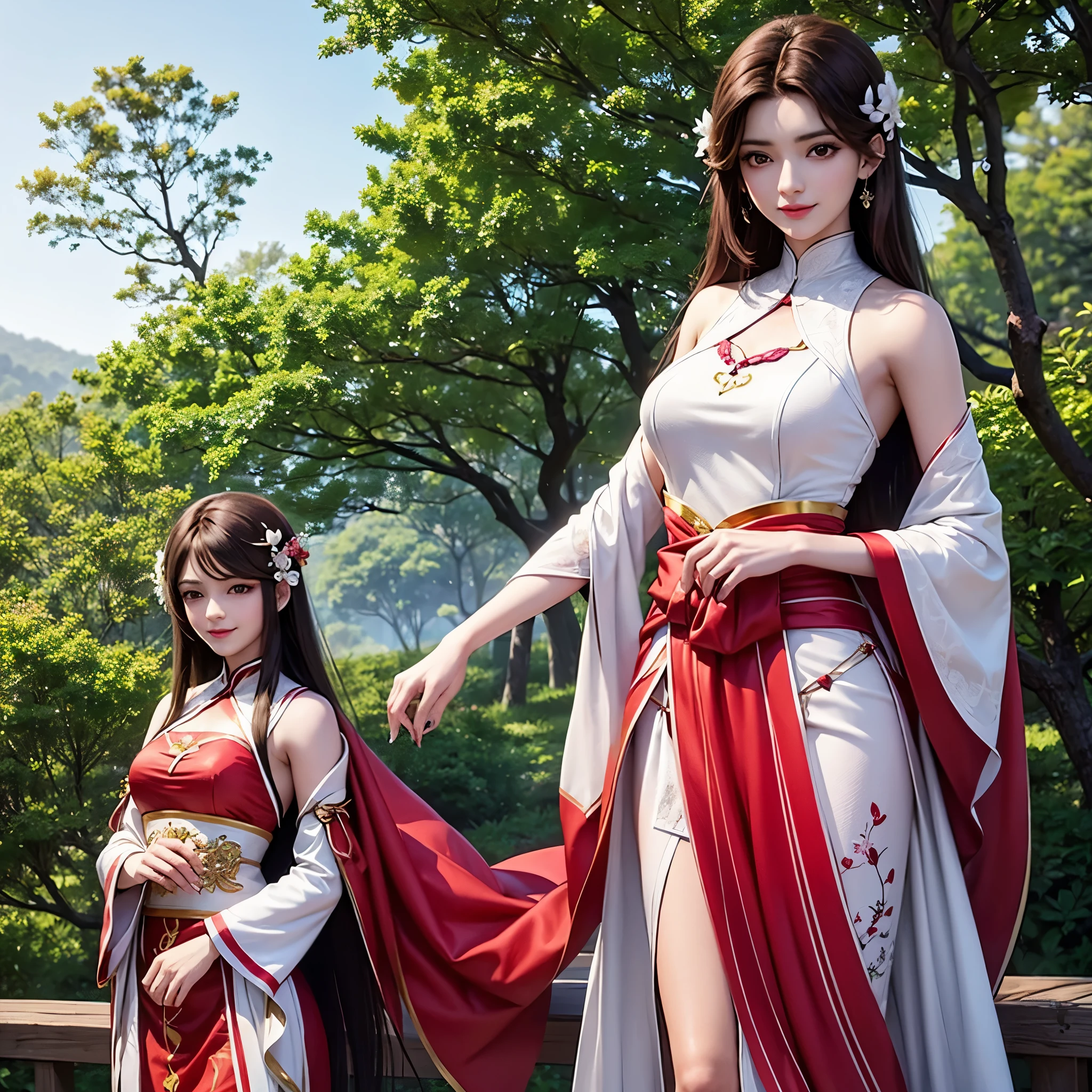 Beautiful girl with long brown hair, bright brown eyes, sweet smile, snow white skin,Her long hair is decorated with red mulberry flowers 🏵️,The girl wore a simple white hanfu with a red cloth tied around her waist, Forest setting filled with mulberry tree