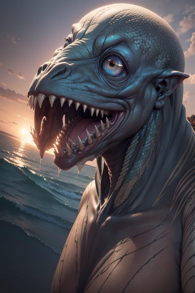 (8k, RAW photo, best quality, mastery:1.2), (realistic, photo-realistic:1.37), Octane render, ultra high res, ultra-detailed ,professional lighting, photon mapping, radiosity, physically-based rendering, ue5, ((Mutant monsters)), ((Fish-headed human face)), ((Red eyes)), ((Smooth fish tail)), ((Covered in monster scales)), ((Full of monster collars))