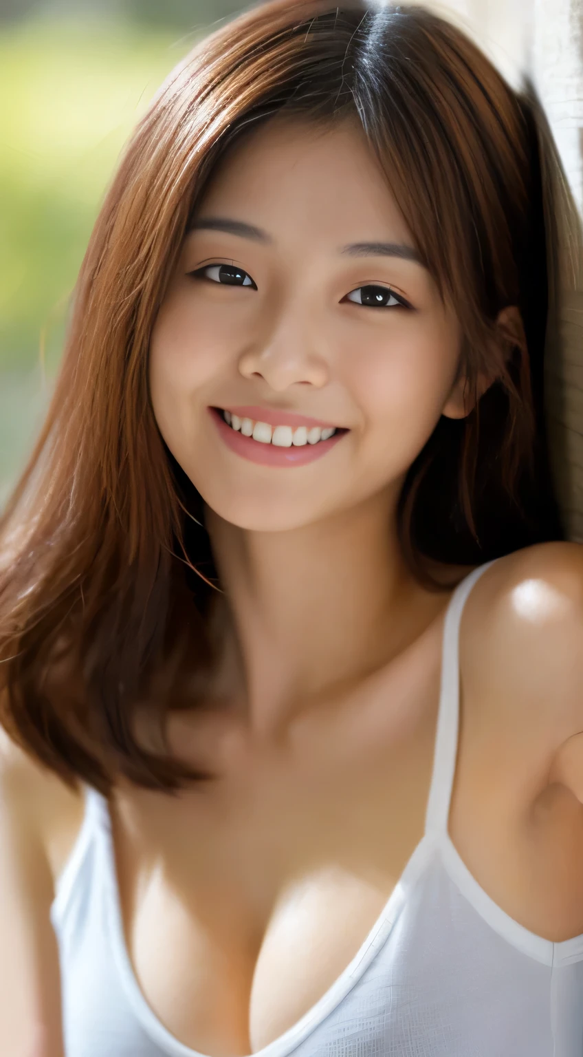 Japanese ),((beautiful girl)),cleavage,An expression that imagines something pleasant:1.2,(perfect body beauty:1.2),((perfect body)),(shy smile),beautiful teeth,