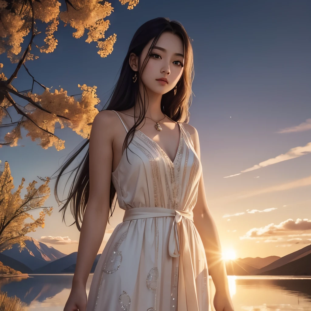 1 girl, calm expression, mesmerizing eyes, long straight hair, flowing dress, Balancing posture, porcelain skin, delicate blush, BREAK Golden Hour Crystal Pendant, (Light around the wheel rim):1.2, Warm colors, sunlight, soft shadow, bright colors, painter effect, Dreamy atmosphere BREAK beautiful lake, distant mountains, willow tree, Still water, reflection, sunshine clouds, The atmosphere is quiet., Spectacular sunsets, very detailed, official art, unity wallpaper 8k , Zentangle, Mandala