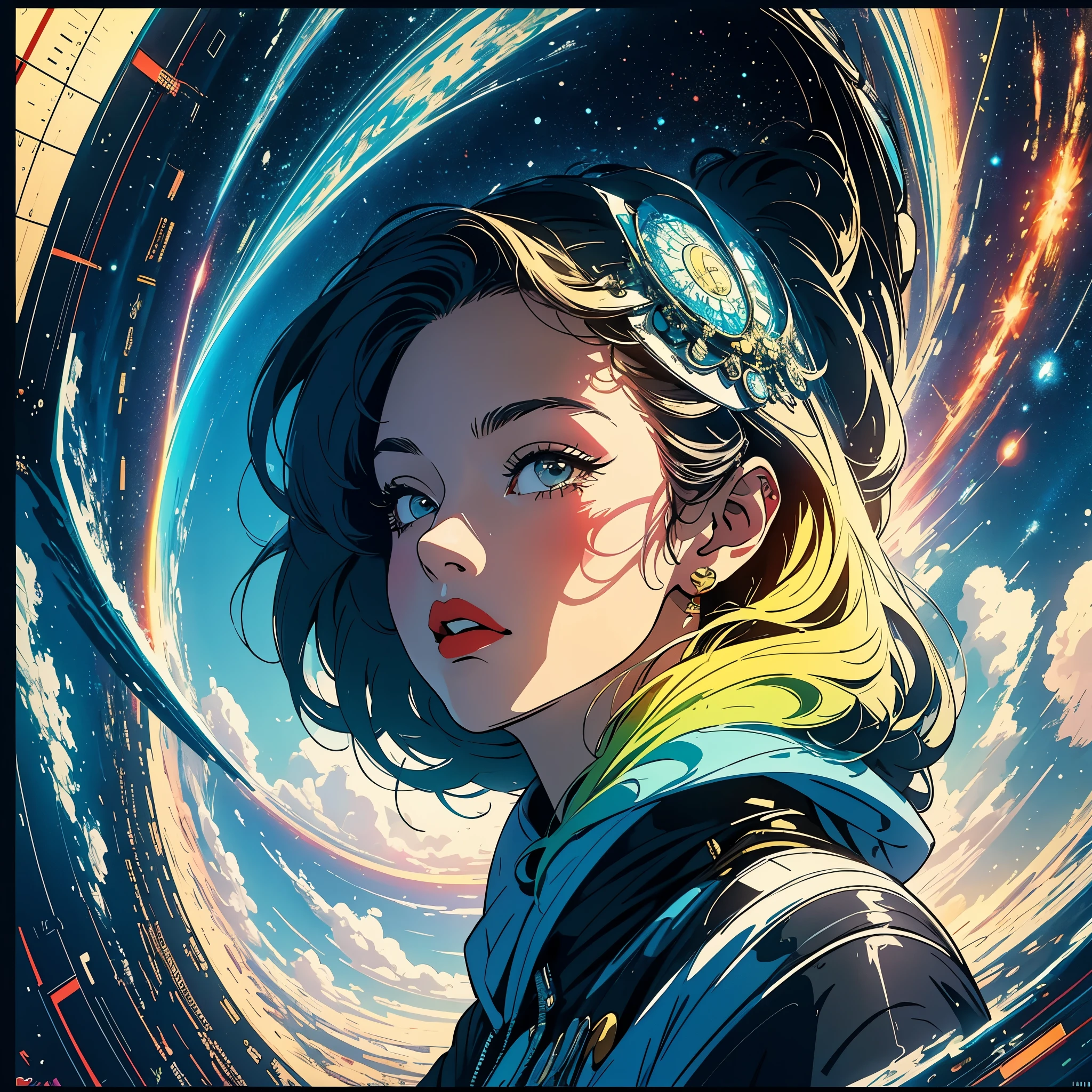 (masterpiece, highest quality), 32k,(A very detailed beautiful woman), poster,science fiction,1960s,1970s,bauhaus, shape, OK, abstract, propaganda,movie poster, vintage,retro,futuristic,anime,ultimate map,Perfect rainbow,highlight,angle from below,amazing hair,