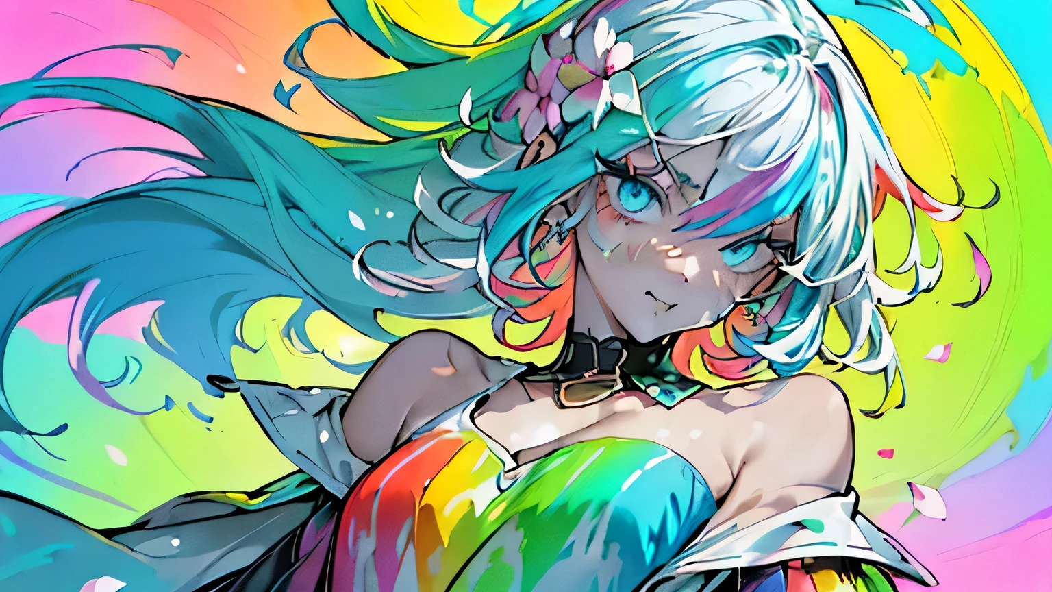 (Colorful hair: 1.8), (all colors of the rainbow: 1.8),(((((Vertical painting:1.6))), (Painting:1.6),Front, Comics, Illustrations, painting of a, largeeyes, Crystal clear eyes,( rainbow color gradient high ponytail:1.7), Exquisite makeup, Closed mouth,(Small Fresh: 1.5),(Wipe Chest: 1.6) ,Long eyelashes, white off-the-shoulder T-shirt, White Shoulder Shirt,staring towards the viewer, watery big eyes, (Rainbow-colored hair:1.6), colored splashing, (Solo:1.8), colored splashing, Color explosion, Thick Paint Style, Messy lines, ((Shining)),(Colorful), (Colorful), (Colorful), Colorful, Thick Paint Style, (Splash) (colored splashing), Vertical painting, Upper body, Paint splashes, Acrylic Pigment, Gradient, Paint, Highest image quality, Highest quality, masutepiece, Solo, depth of fields, facepaint, multicolored clothing, (elegant: 1.2), Gorgeous,Long hair, Wind, (elegant: 1.3), (Flower petals: 1.4),(((masutepiece))),(((Best quality))),((Ultra-detailed)),(illustration),(Dynamic Angle),((Floating)),(Paint),((Disheveled hair)),(Solo),(1girl in) , (((Detailed anima face))),((beautifull detailed face)),Collar,Bare shoulders,White hair, ((Colorful hair)),((striated hair)),Beautiful detailed eyes,(Gradient color eyes),(((Colorful eyes))),(((Colorful background))),(((High color saturation))),(((Surrounded by colorful splashes))),