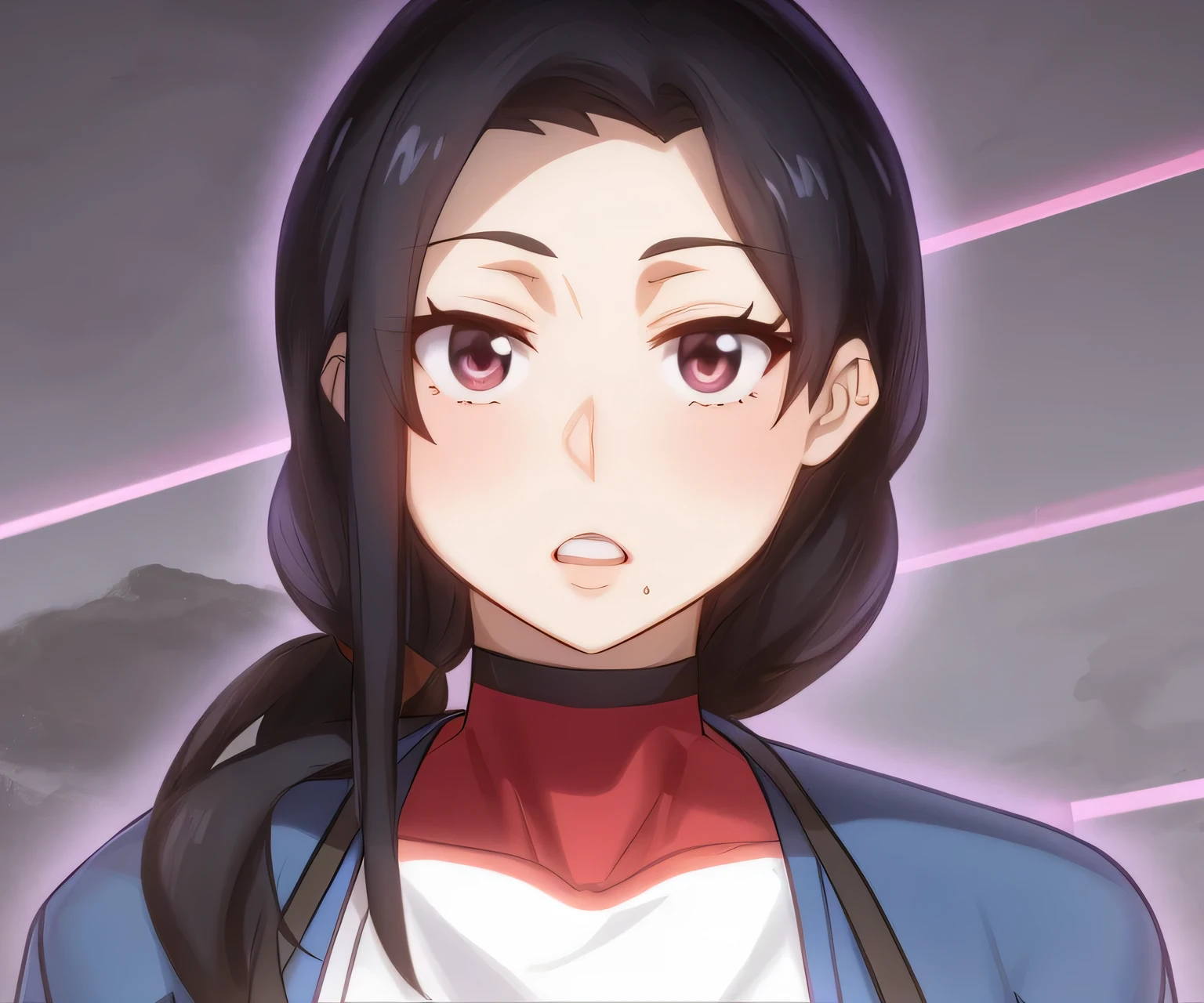 Close-up of a woman with long dark hair and a blue shirt, Nico Robin, Ace Lawyer Maya Fey, SPY×FAMILY アーニャ, as an anime character, Hinata Hyuga, anime female characters, Mai Yoneyama, Anime visual of a young woman, harumi, Kentaro Miura style, nagatoro, mayuri shiina、beautiful brown eyes