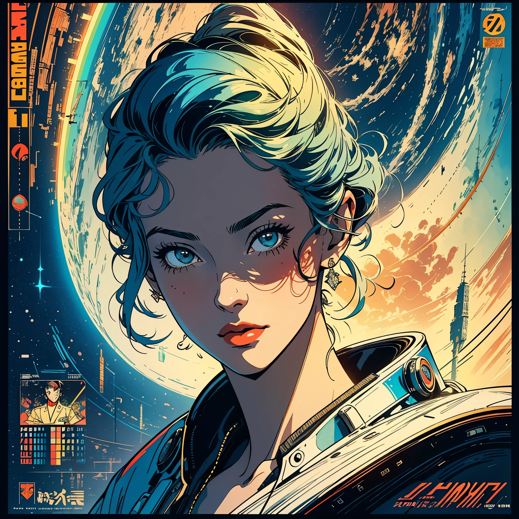 (masterpiece, highest quality), 32k,(A very detailed beautiful woman), poster,science fiction,1960s,1970s,bauhaus, shape, OK, abstract, propaganda,movie poster, vintage,retro,futuristic,anime,ultimate map,Perfect rainbow,highlight,angle from below,amazing hair,