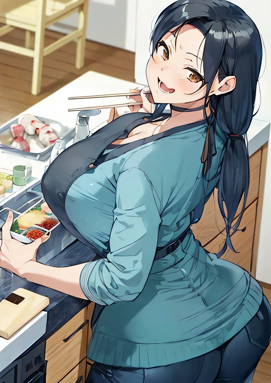 Anime girl in the kitchen with chopsticks and food, Hinata Hyuga, seductive anime girl, tits, marin kitagawa fanart, sex anime style, beautiful alluring anime woman, attractive anime girl, sex, anime moe art style, thick, sex style, anime woman, shikamimi, cooking, yuyushiki、brown eyes