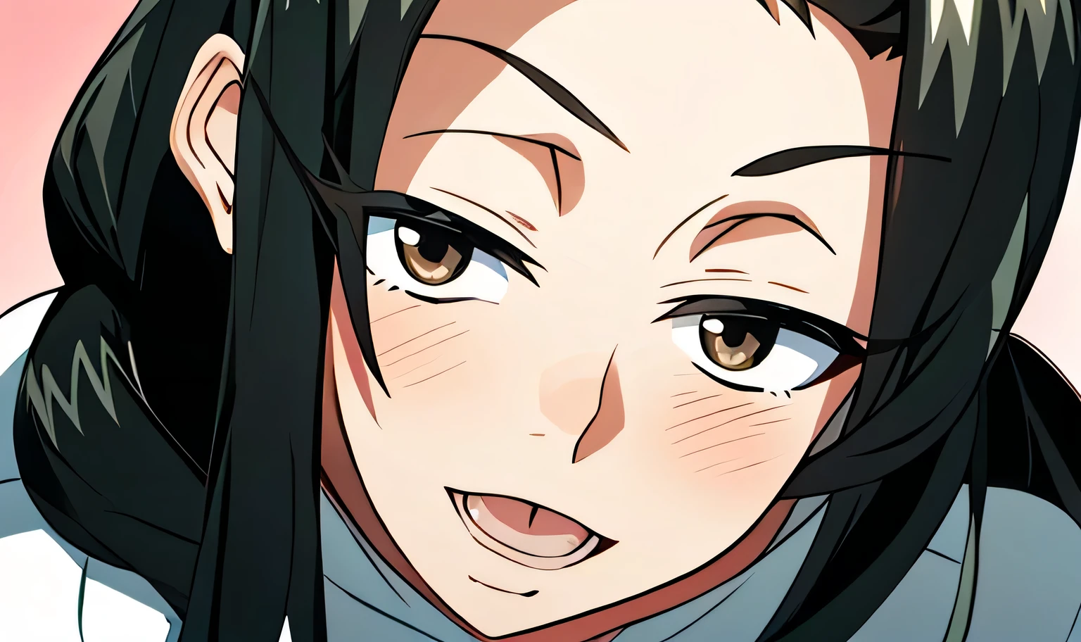 a close up of a woman with long black hair and a white shirt, perfect anime face, nagatoro, Hinata Hyuga, nezuko-chan, mayuri shiina, Close up of young anime girl, nezuko, Ahegao, eat and drink, mayuri shiina'portrait of, cute anime face, Looks a little happy、brown eyes、I can see your forehead、Fair skin