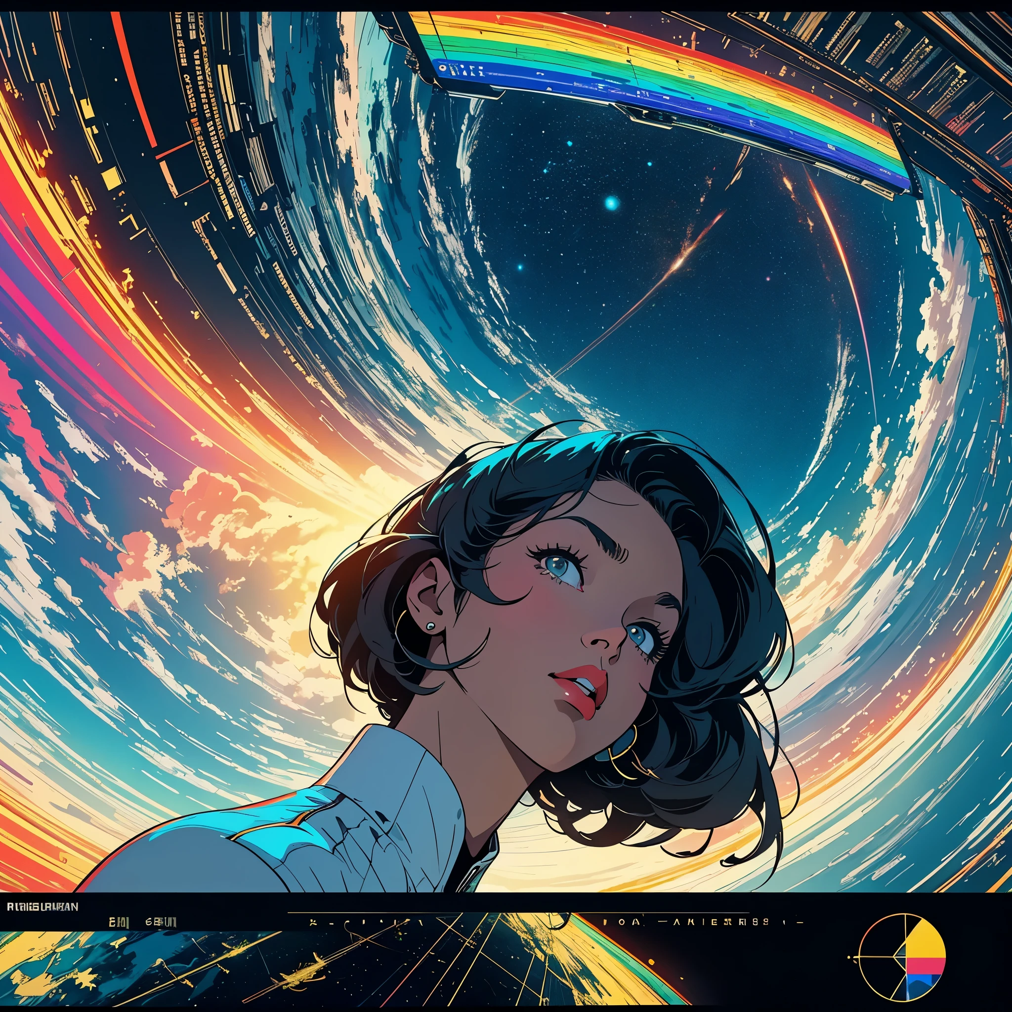 (masterpiece, highest quality), 32k,(A very detailed beautiful woman), poster,science fiction,1960s,1970s,bauhaus, shape, OK, abstract, propaganda,movie poster, vintage,retro,futuristic,anime,ultimate map,Perfect rainbow,highlight,angle from below,amazing hair,
