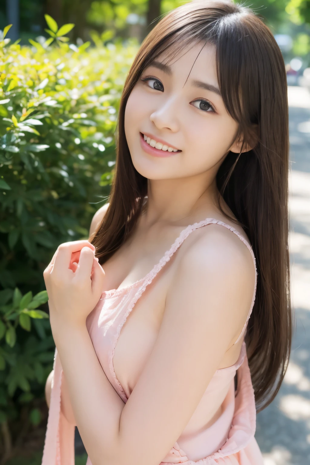 8k RAW写真、High resolution、18 year old Japanese、beautiful eyes、depicted in detail、long eyelashes、beautiful double eyelids、eyeliner、narrow eyes、elongated eye shape、Sansakumaru'Legally thin and beautiful thighs、random long hair、laughter、Summer-like dress、whole body、Walking