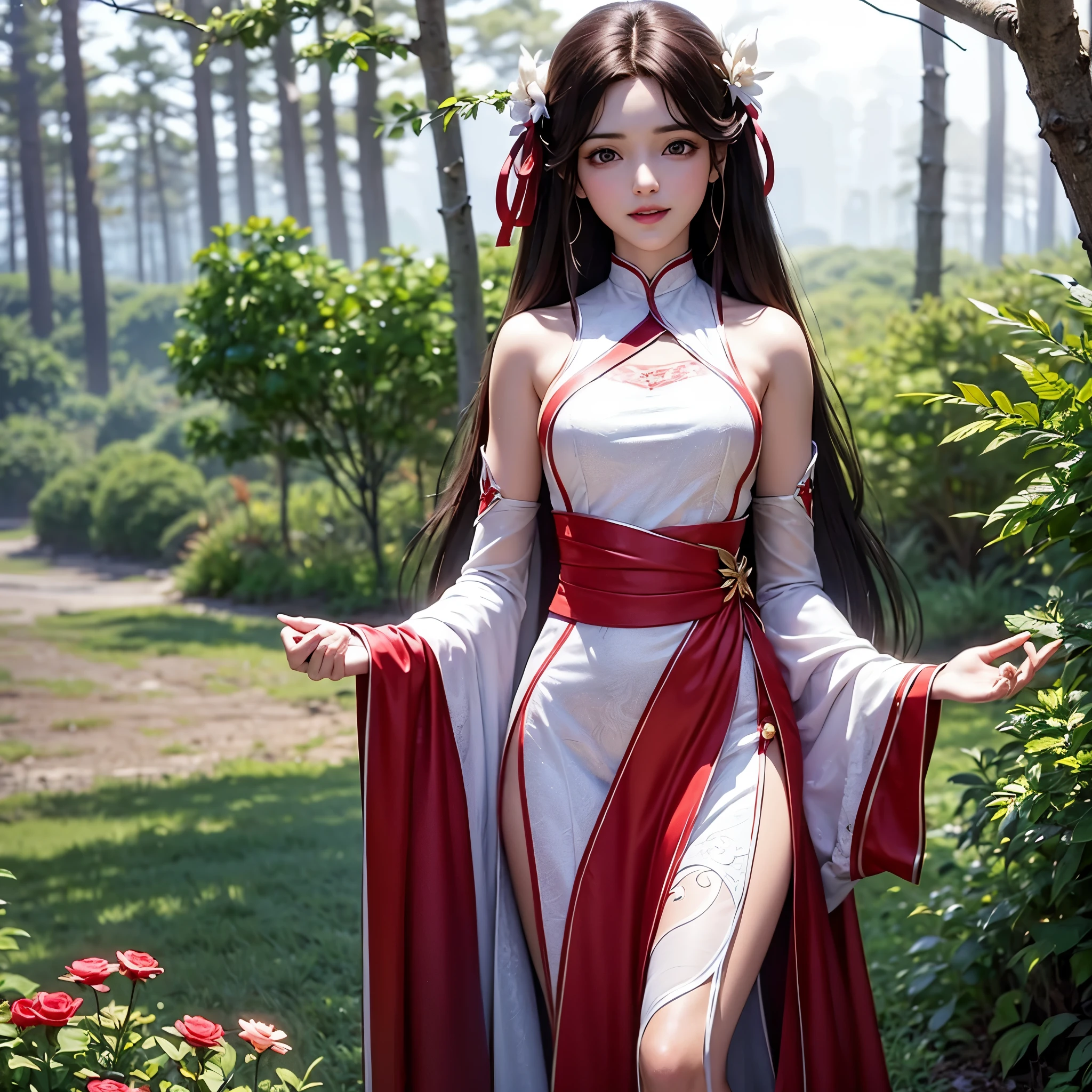 1 solo ,Beautiful girl with long brown hair, bright brown eyes, sweet smile, snow white skin,Her long hair is decorated with red mulberry flowers 🏵️,The girl wore a simple white hanfu with a red cloth tied around her waist, Forest setting filled with mulberry tree,central focusing on girl in graphics  ,wearing simple white and red patterns hanfu clothes 